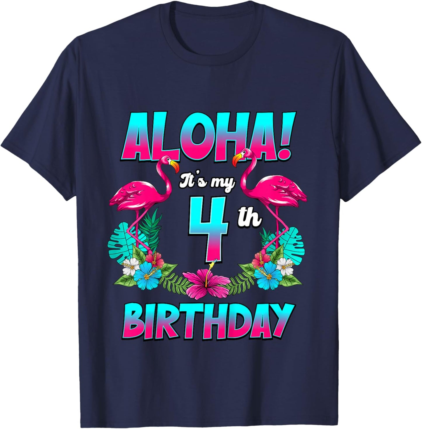 Kids Aloha 4th Birthday Flamingo Hawaii 4 Years Old T-Shirt - T-Shirt | Navy