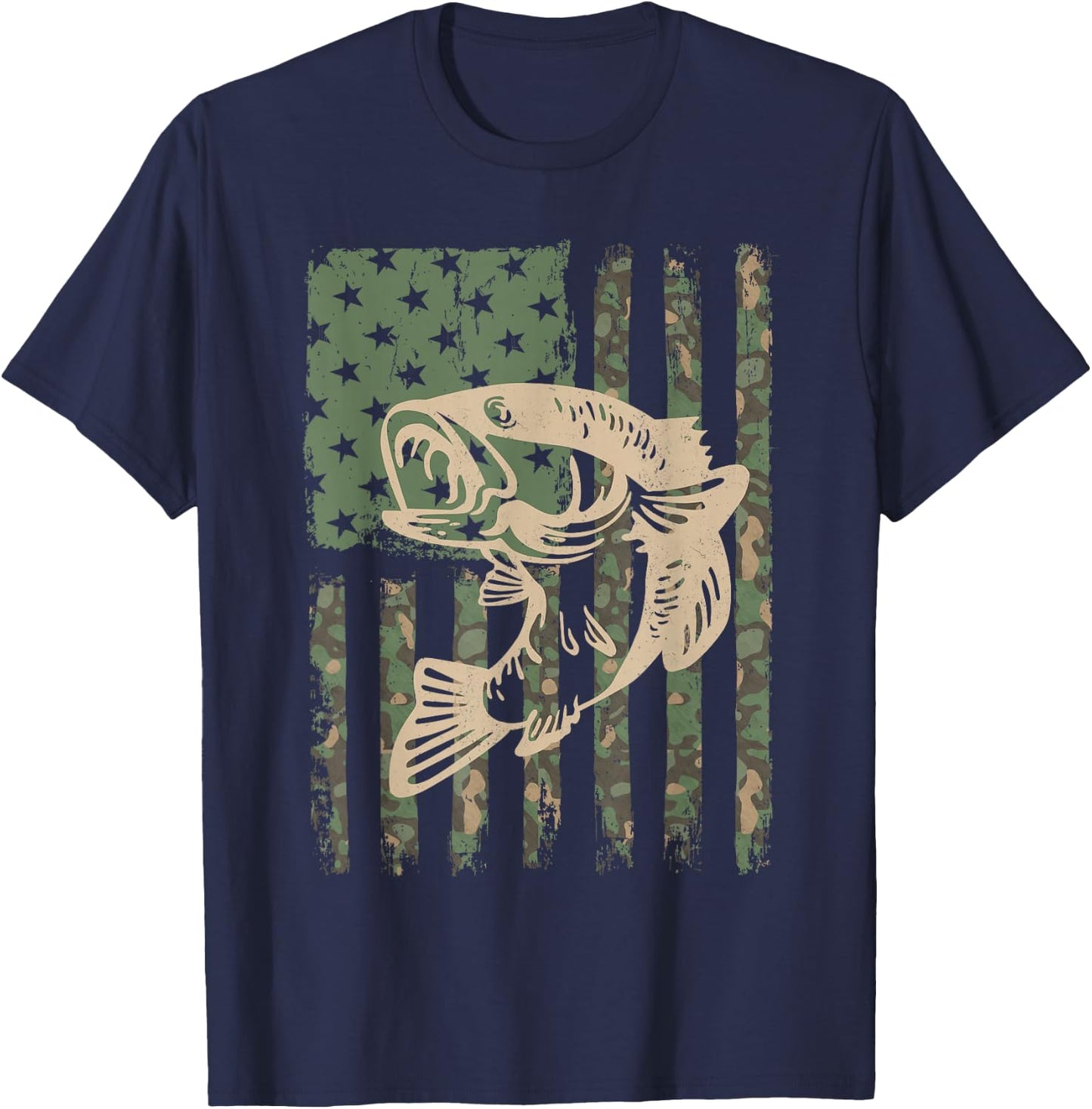 Camouflage USA Flag Big Mouth Bass Fishing T-Shirt - T-Shirt | Navy