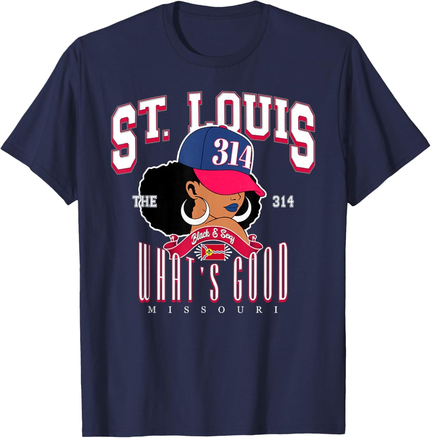 314 Area Code St. Louis Missouri Flag Afro Puff for Shawty T-Shirt - T-Shirt | Navy