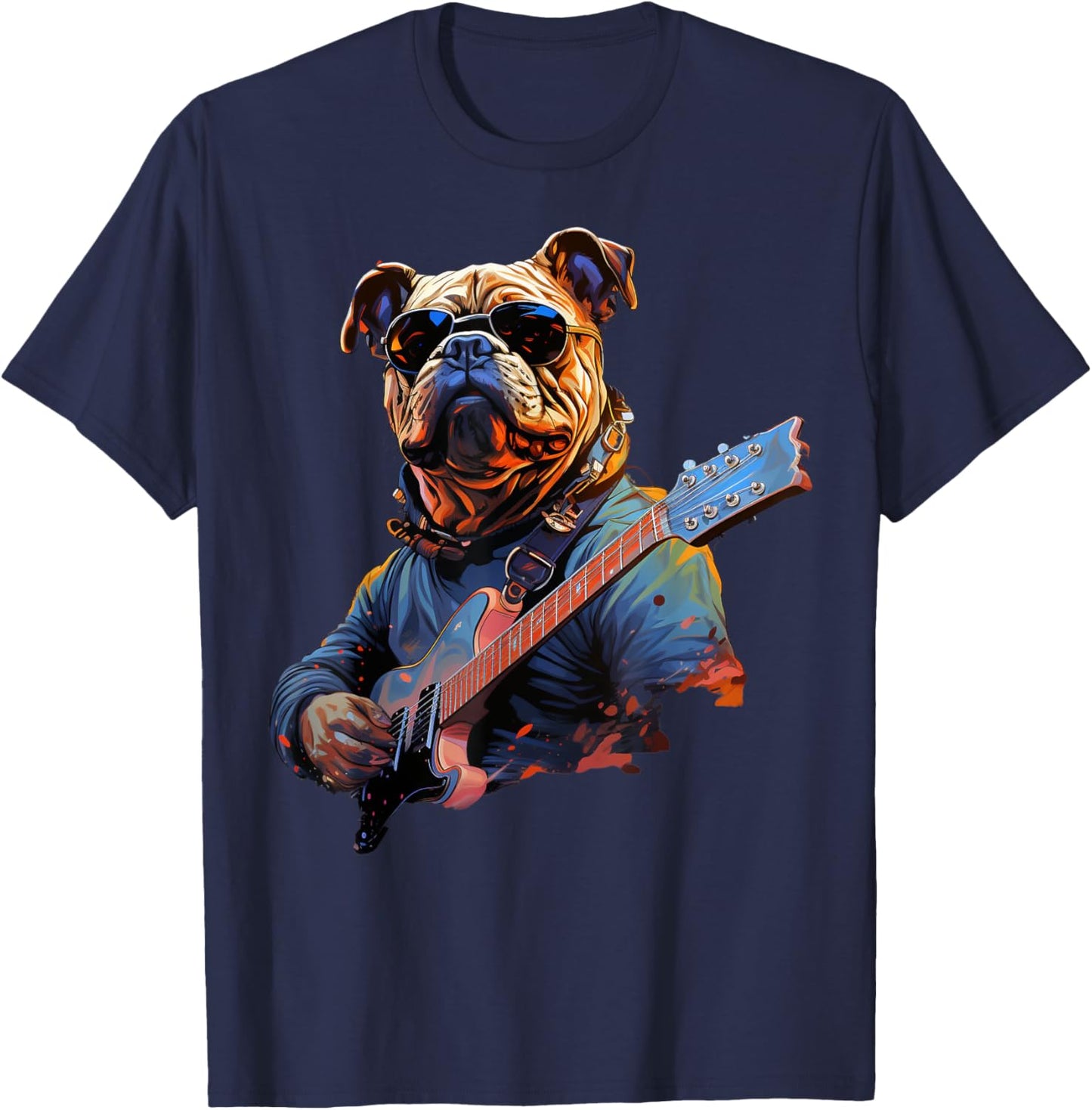 Funny Rock English Bulldog Playing Guitar T-Shirt - T-Shirt | Navy