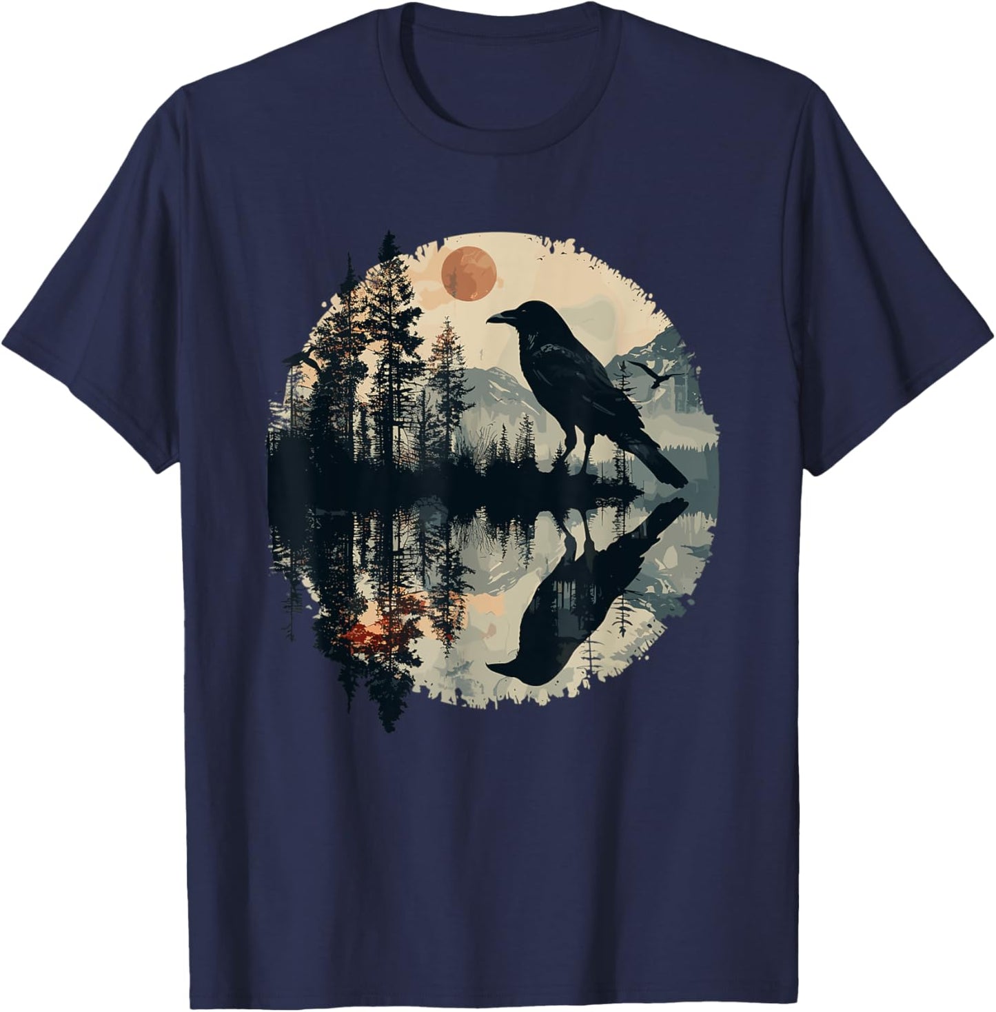 Black Raven Reflection Crow Nature Art T-Shirt - T-Shirt | Navy