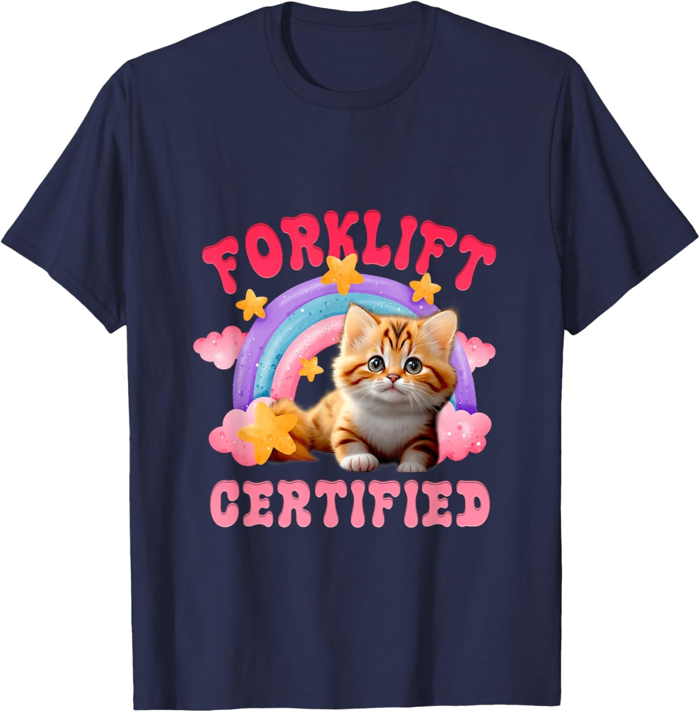 Cat Forklift Certified Funny Pink Boho Rainbow For Cat Lover T-Shirt - T-Shirt | Navy