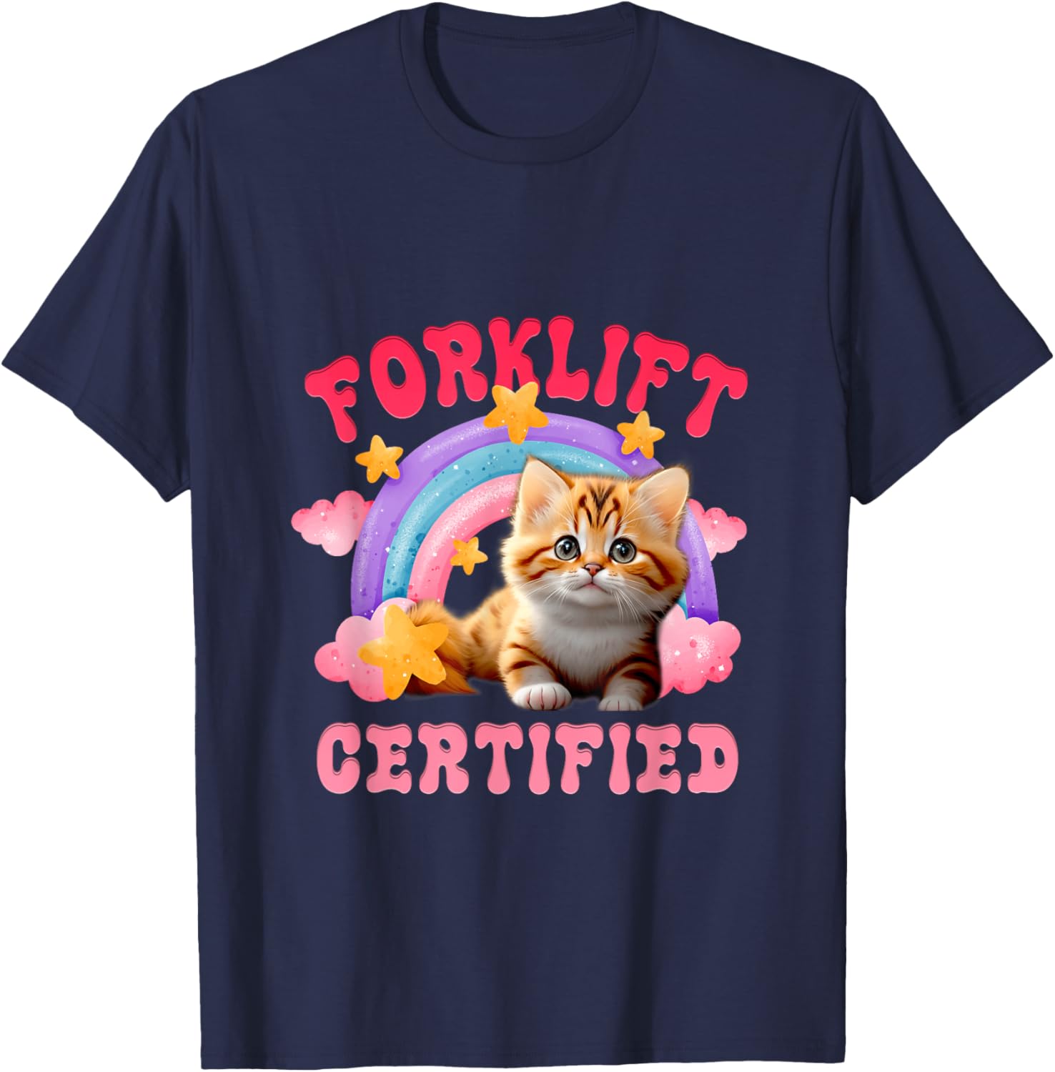Cat Forklift Certified Funny Pink Boho Rainbow For Cat Lover T-Shirt - T-Shirt | Navy