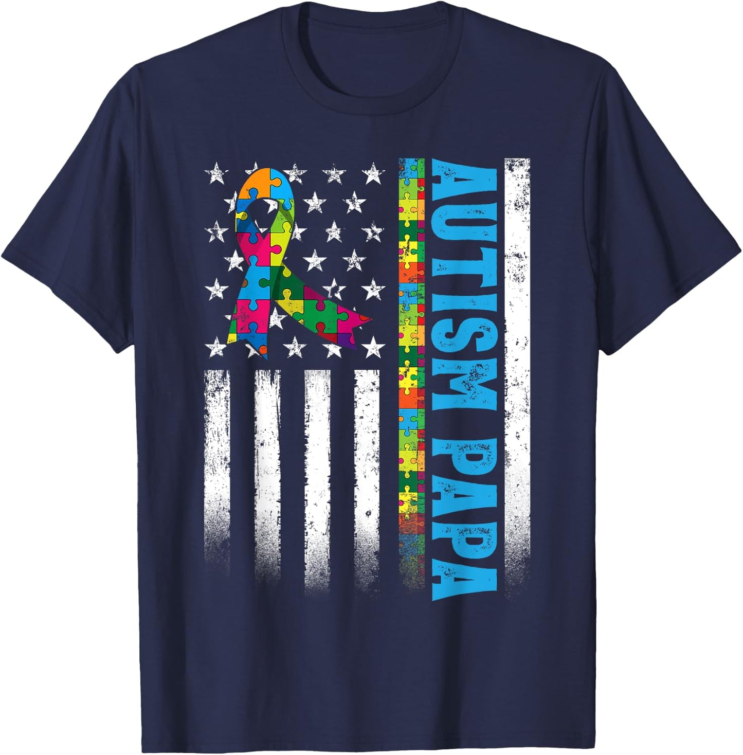 Retro American Flag Autism Papa Awareness Autistic T-Shirt - T-Shirt | Navy