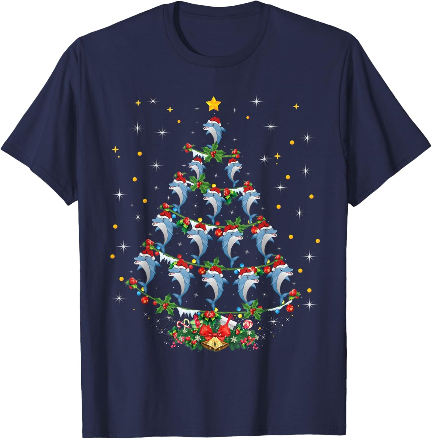 Santa Dolphin Fish Lover Xmas Gift Dolphin Christmas Tree T-Shirt - T-Shirt | Navy