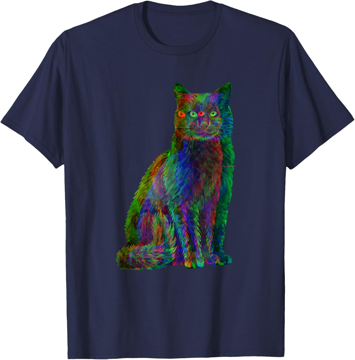 Trippy Cat Psychedelic Glitch Cat T-Shirt - T-Shirt | Navy