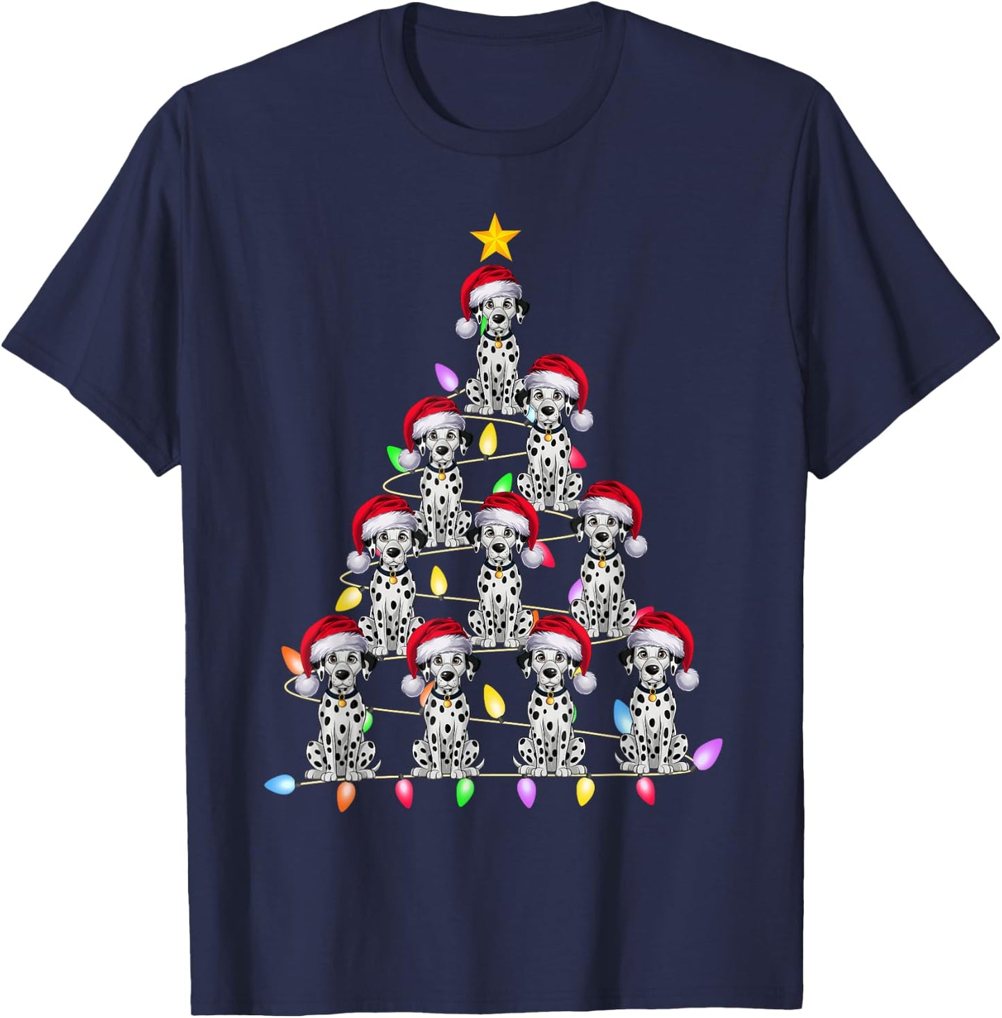 Christmas Tree Lights Men Women Santa Dalmatian Dog Xmas PJs T-Shirt - T-Shirt | Navy
