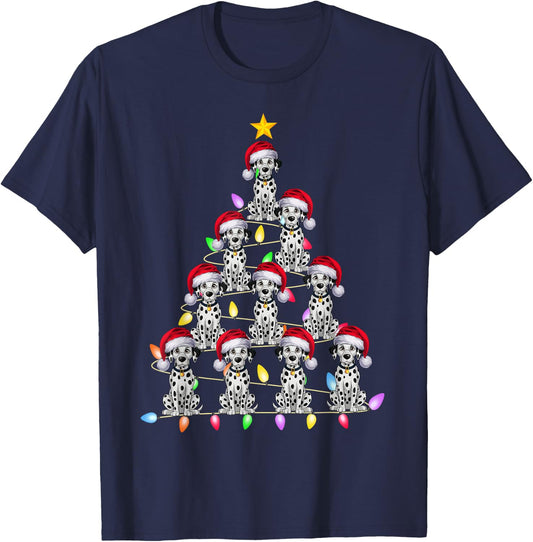 Christmas Tree Lights Men Women Santa Dalmatian Dog Xmas PJs T-Shirt - T-Shirt | Navy