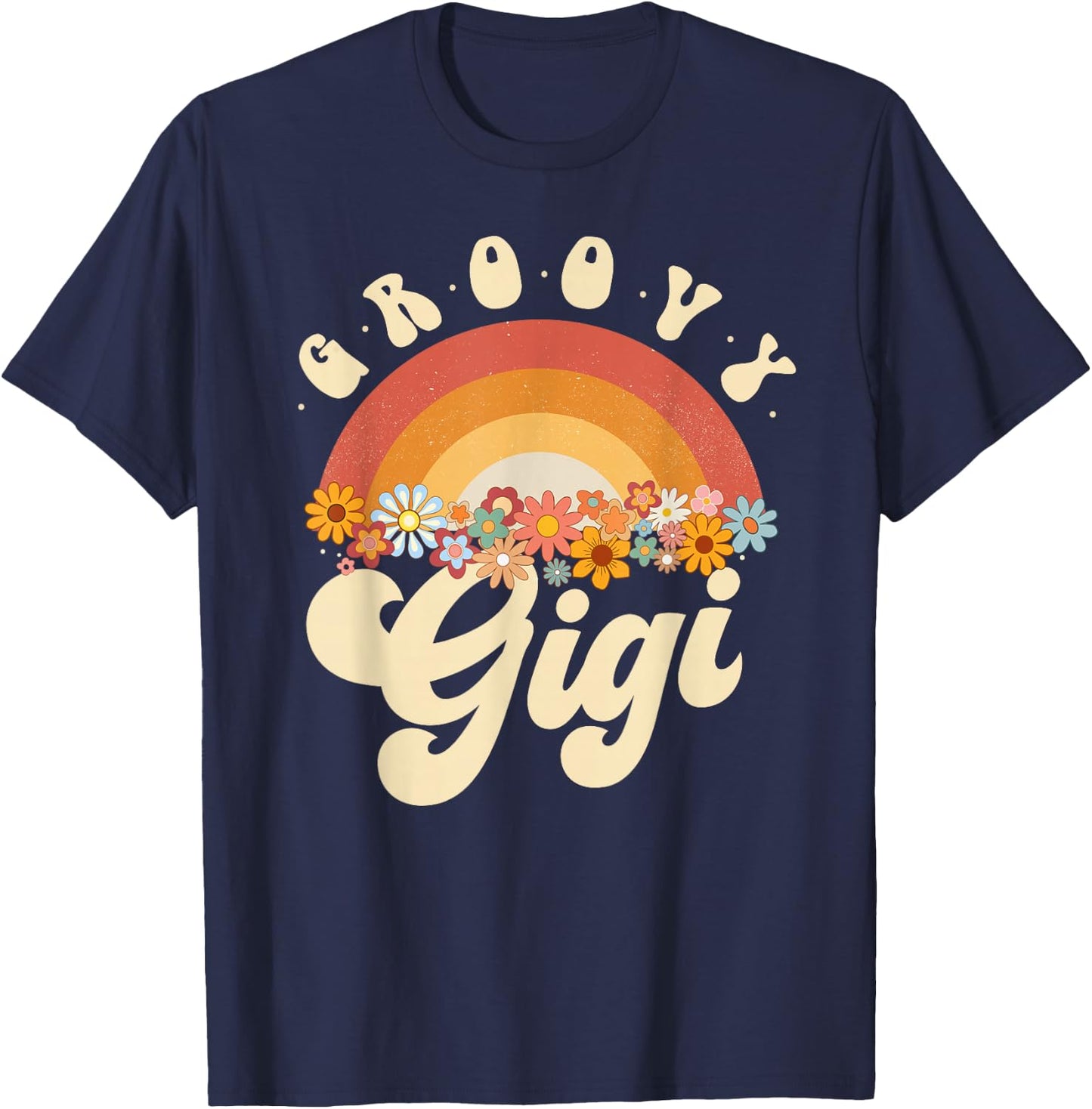 Groovy Gigi Retro Rainbow Colorful Flowers Design T-Shirt - T-Shirt | Navy