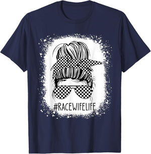 Race Wife Life Messy Bun Bleached Racing Wife Race Checkered T-Shirt - T-Shirt | Navy