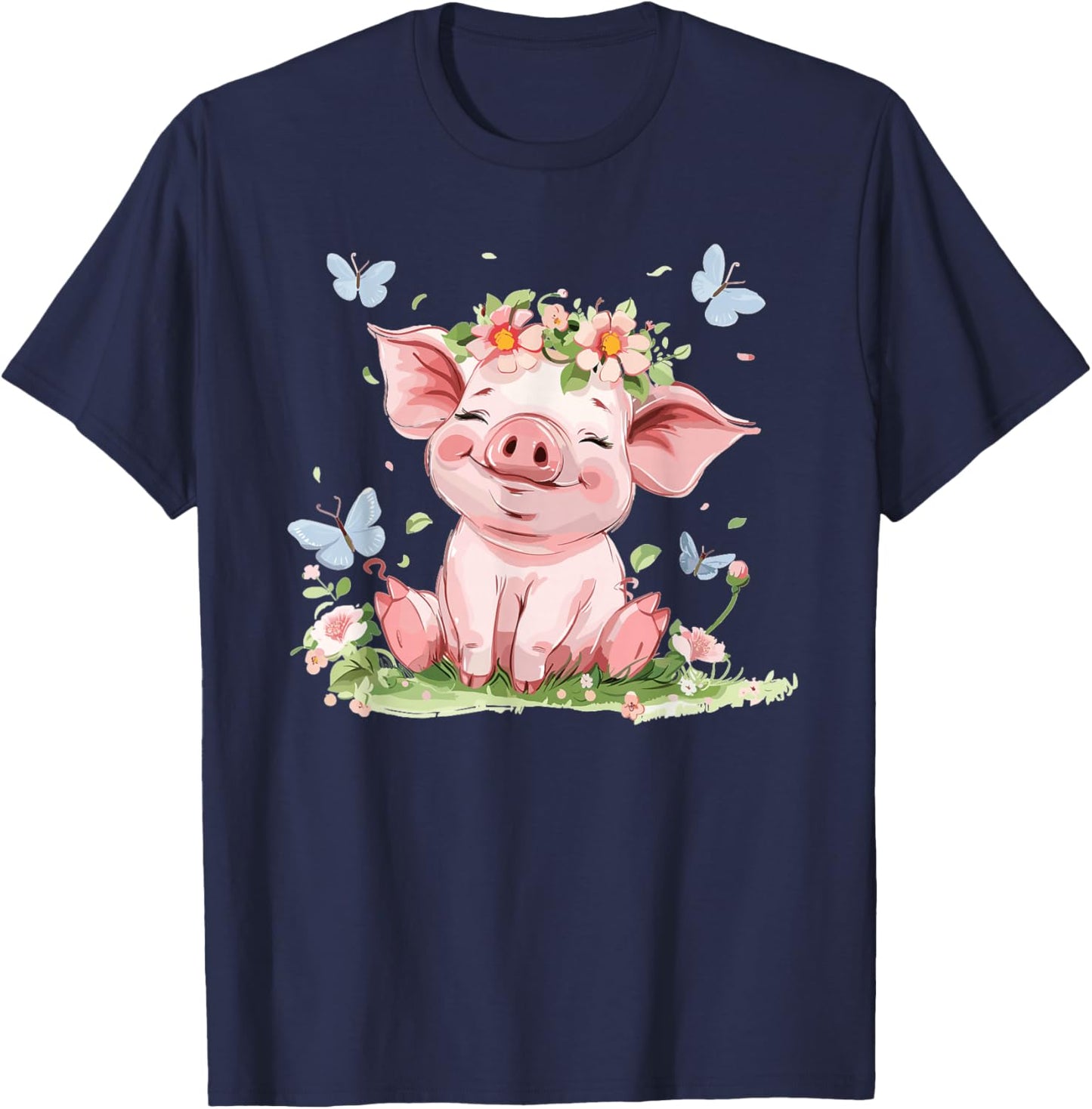 Cute Pig with Flowers I Kids Pig T-Shirt - T-Shirt | Navy