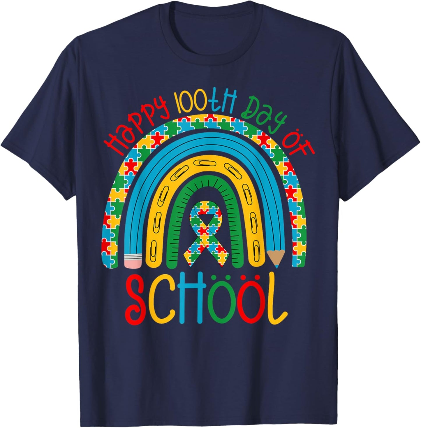 Happy 100th Days of School - Autism Puzzle Ribbon Awareness T-Shirt - T-Shirt | Navy