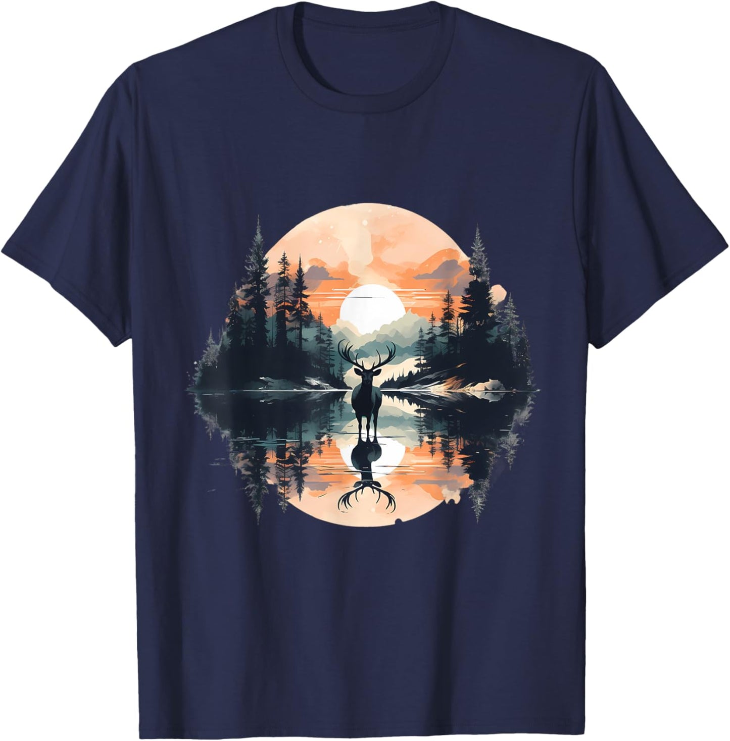 Deer Landscape Moon Motif Animal Lovers Forest Wildlife T-Shirt - T-Shirt | Navy