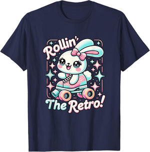 Rollin' The Retro Skater Bunny Rabbit Roller Skating T-Shirt - T-Shirt | Navy