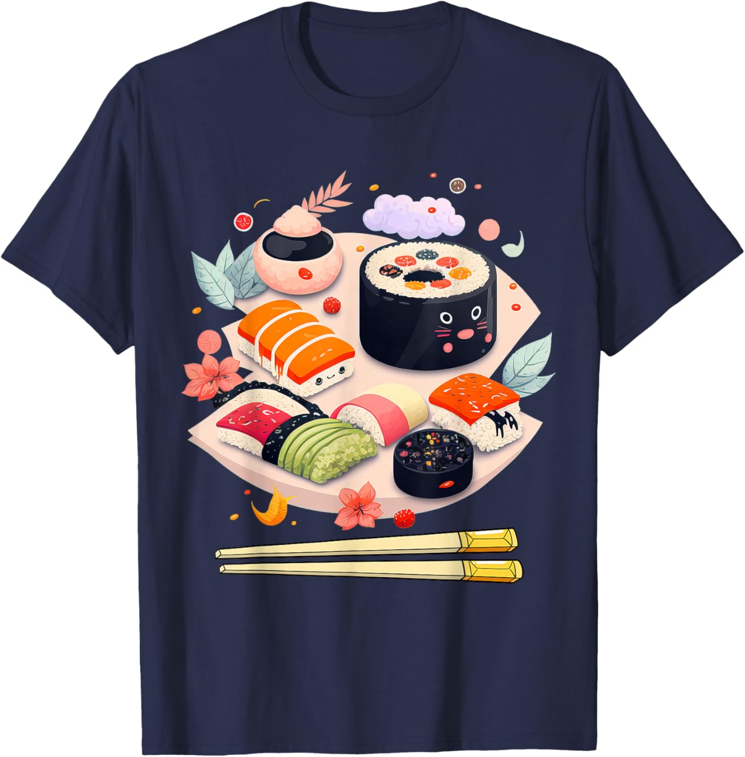 Happy Sushi Anime Kawaii Set Japanese Food Lover Otaku Manga T-Shirt - T-Shirt | Navy