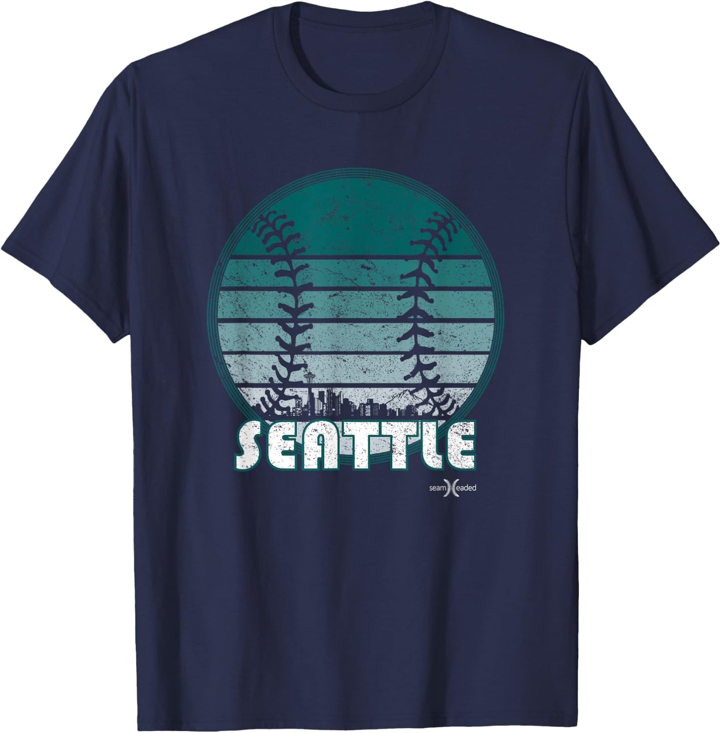 Vintage Seattle Baseball Sunset with Retro City Skyline T-Shirt - T-Shirt | Navy