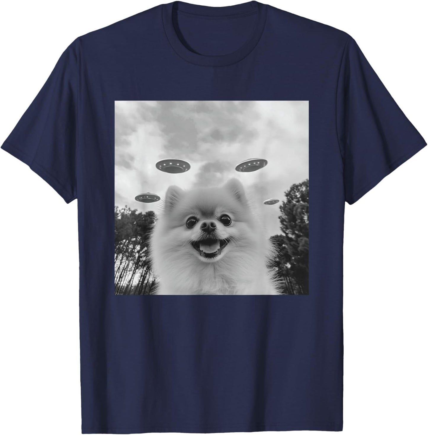 Cute Pomeranian Dog Selfie With UFO UAP Invasion Alien T-Shirt - T-Shirt | Navy
