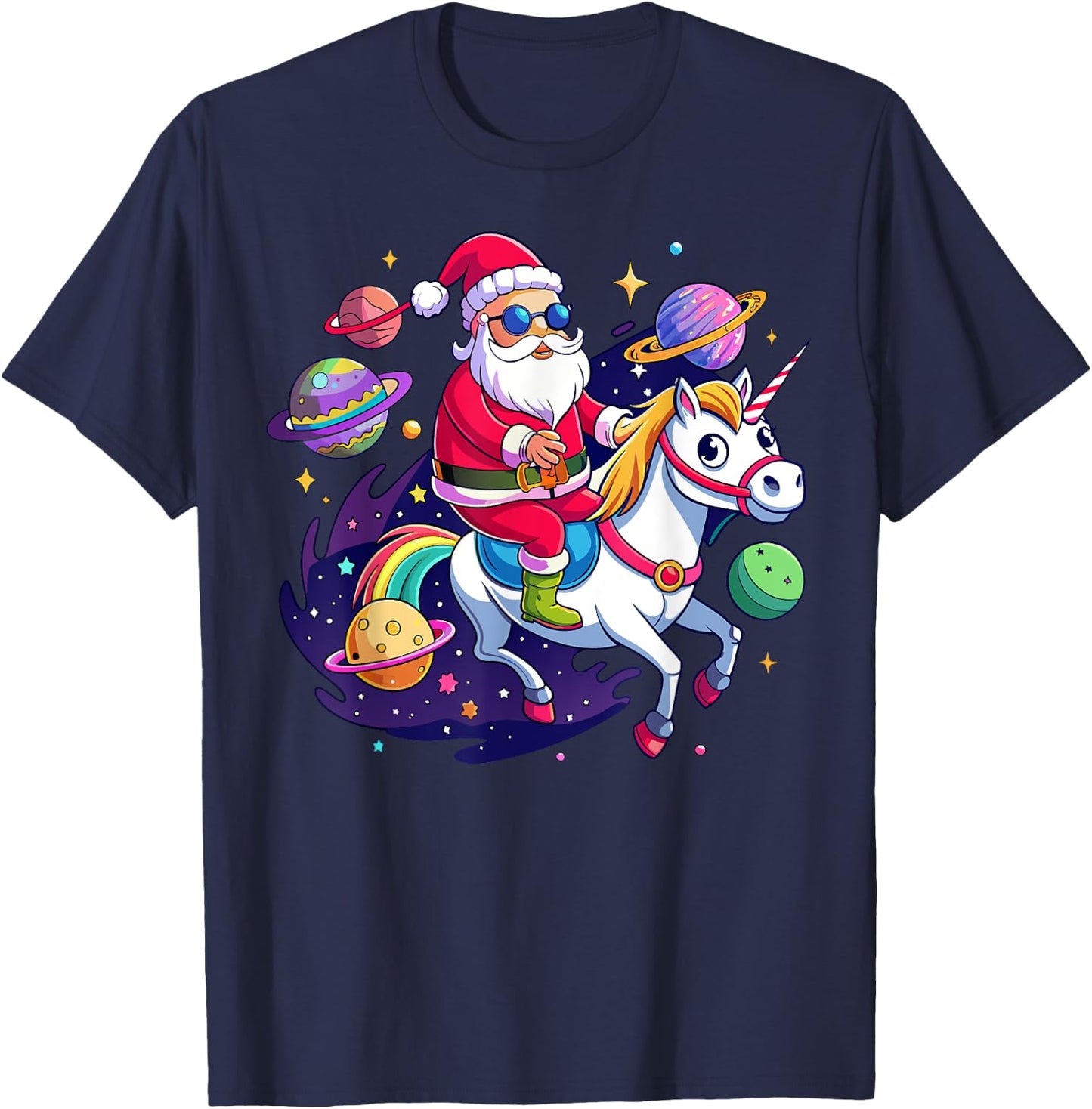 Christmas Santa Riding Unicorn Cute Xmas Holiday Girls Women T-Shirt - T-Shirt | Navy