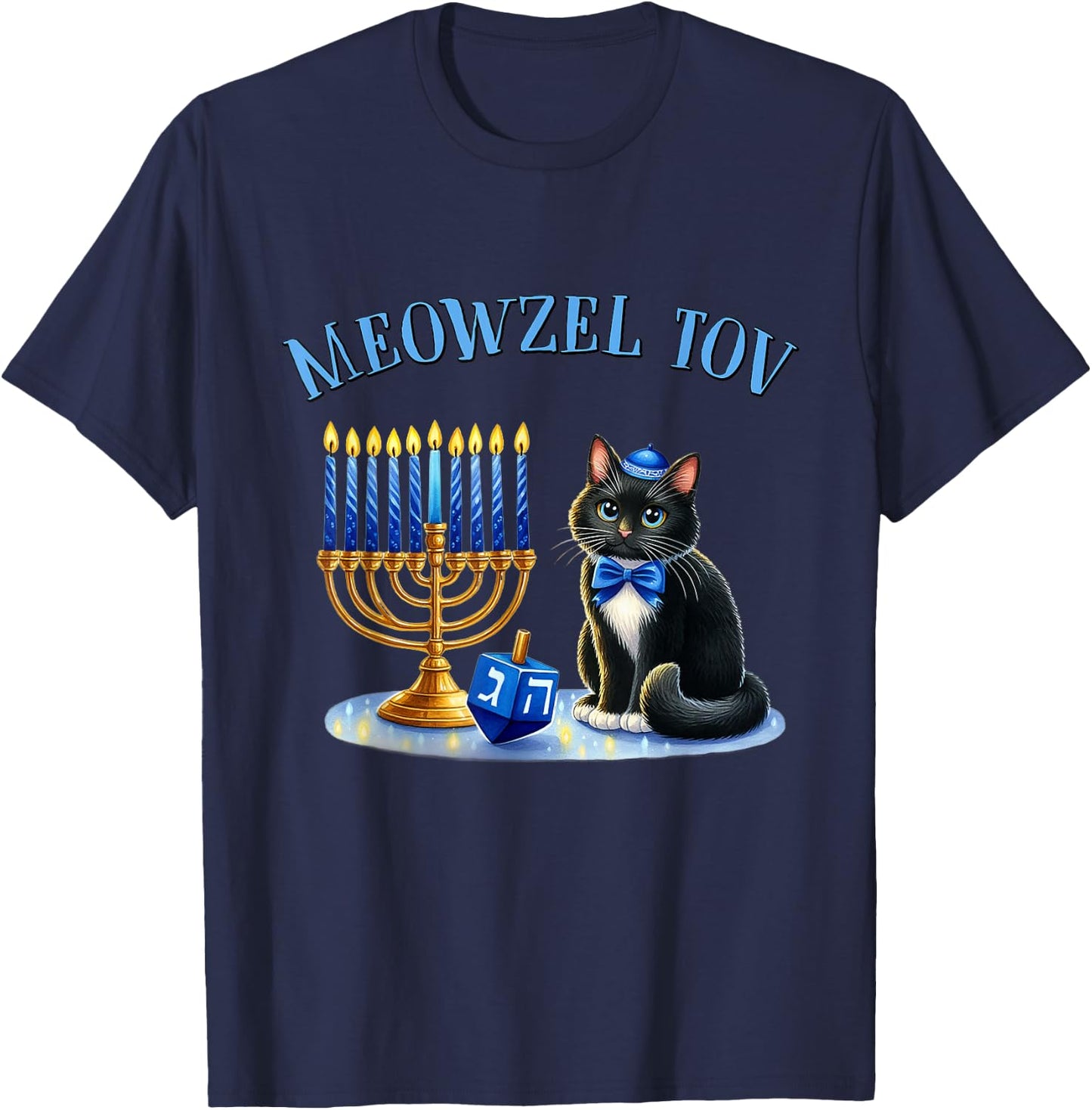 Funny Happy Hanukkah Hanukkat Meowzel Tov Jewish Cat Menorah T-Shirt - T-Shirt | Navy