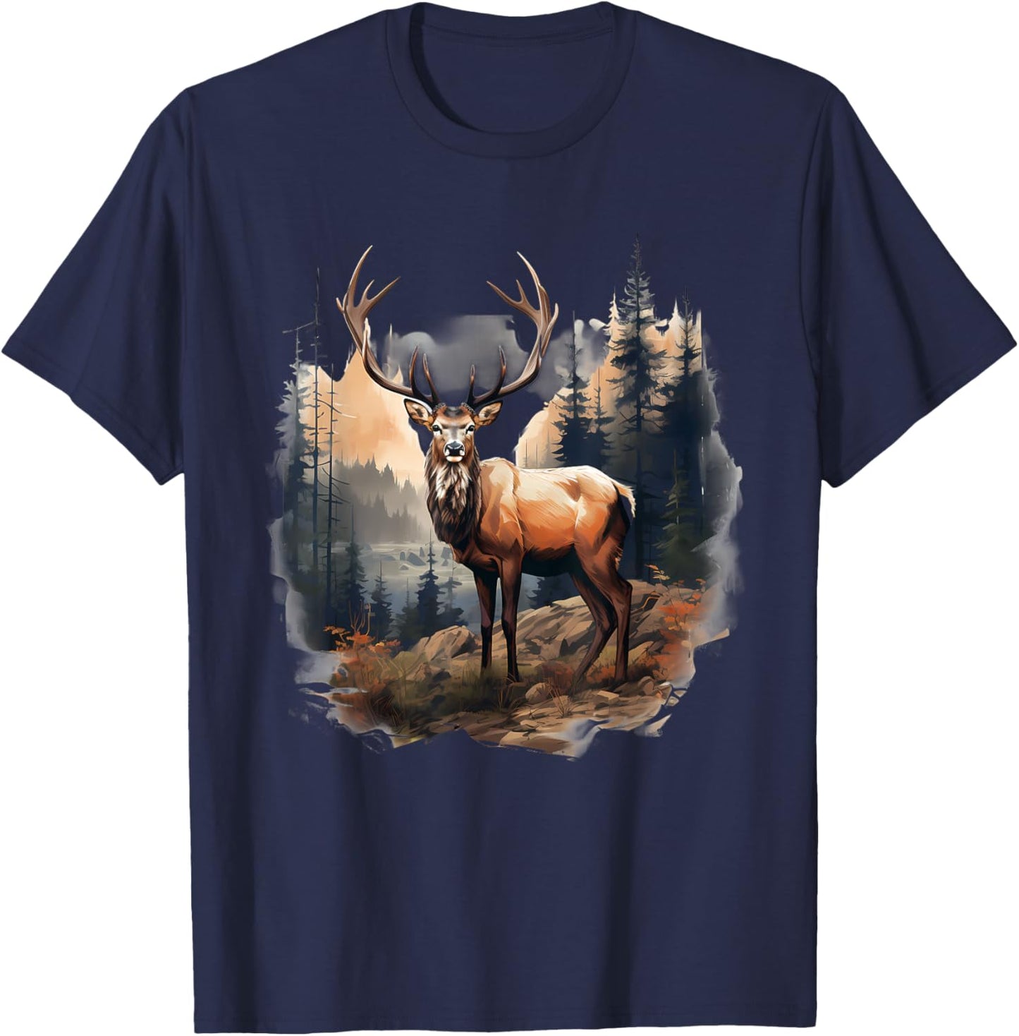 Deer Forest Landscape Wildlife Artwork Nature Animal Lovers T-Shirt - T-Shirt | Navy