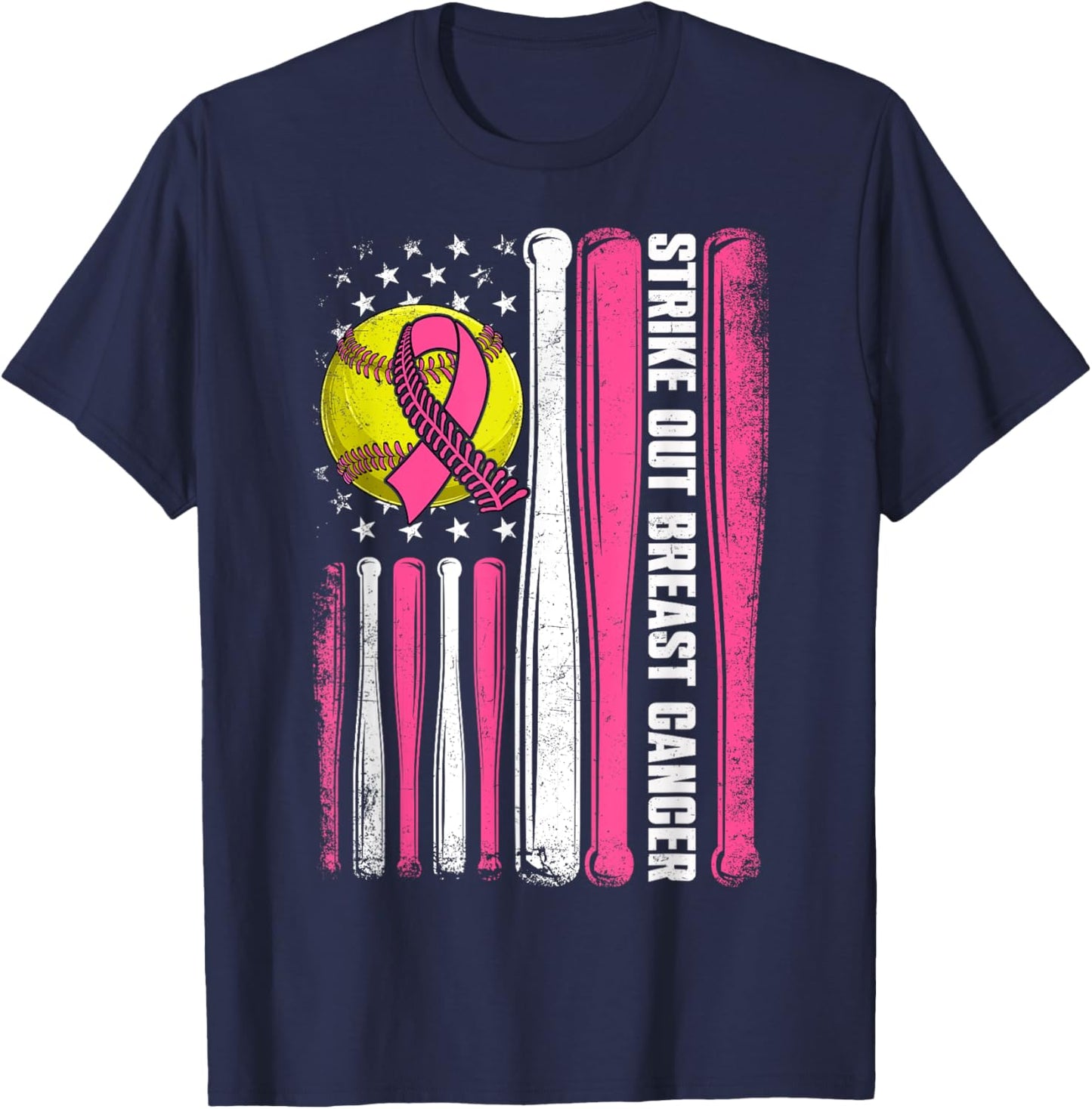 Strike Out Breast Cancer Softball American Flag Women Girls T-Shirt - T-Shirt | Navy