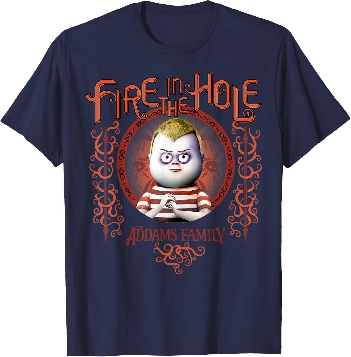Addams Family Pugsley Addams Fire in The Hole Portrait Small T-Shirt - T-Shirt | Navy