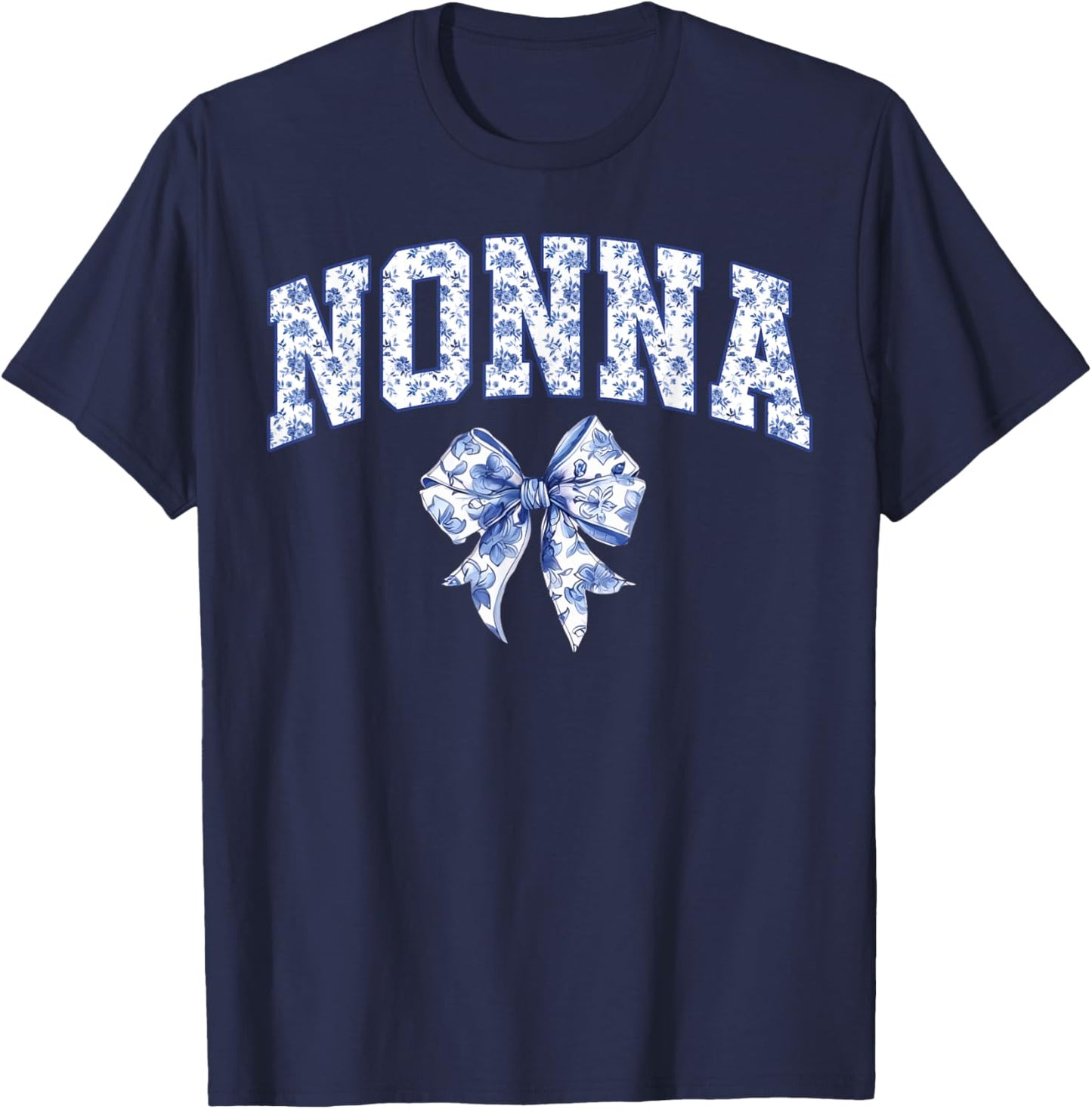 Nonna Coquette Toile Blue Bow Floral Family Matching T-Shirt - T-Shirt | Navy