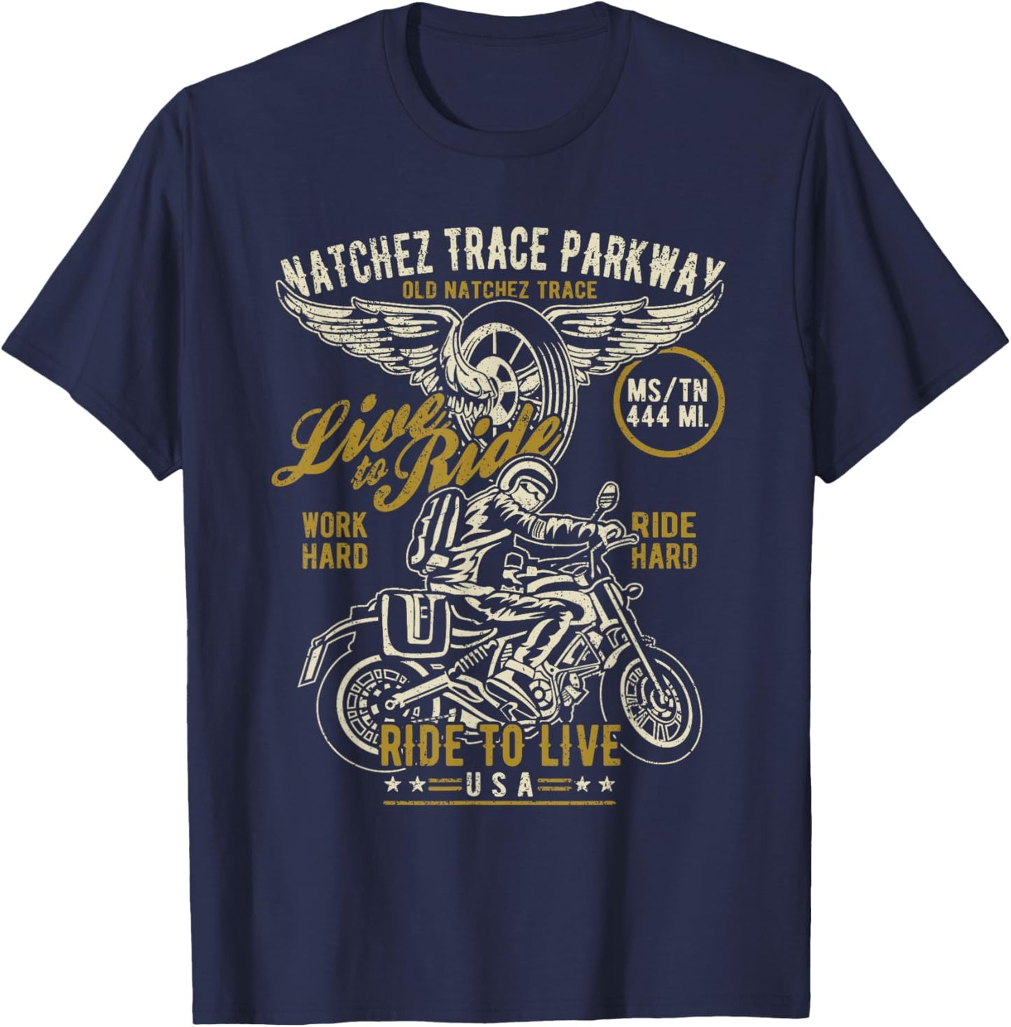 Natchez Trace Parkway MS TN USA Motorcycle Distressed Design T-Shirt - T-Shirt | Navy