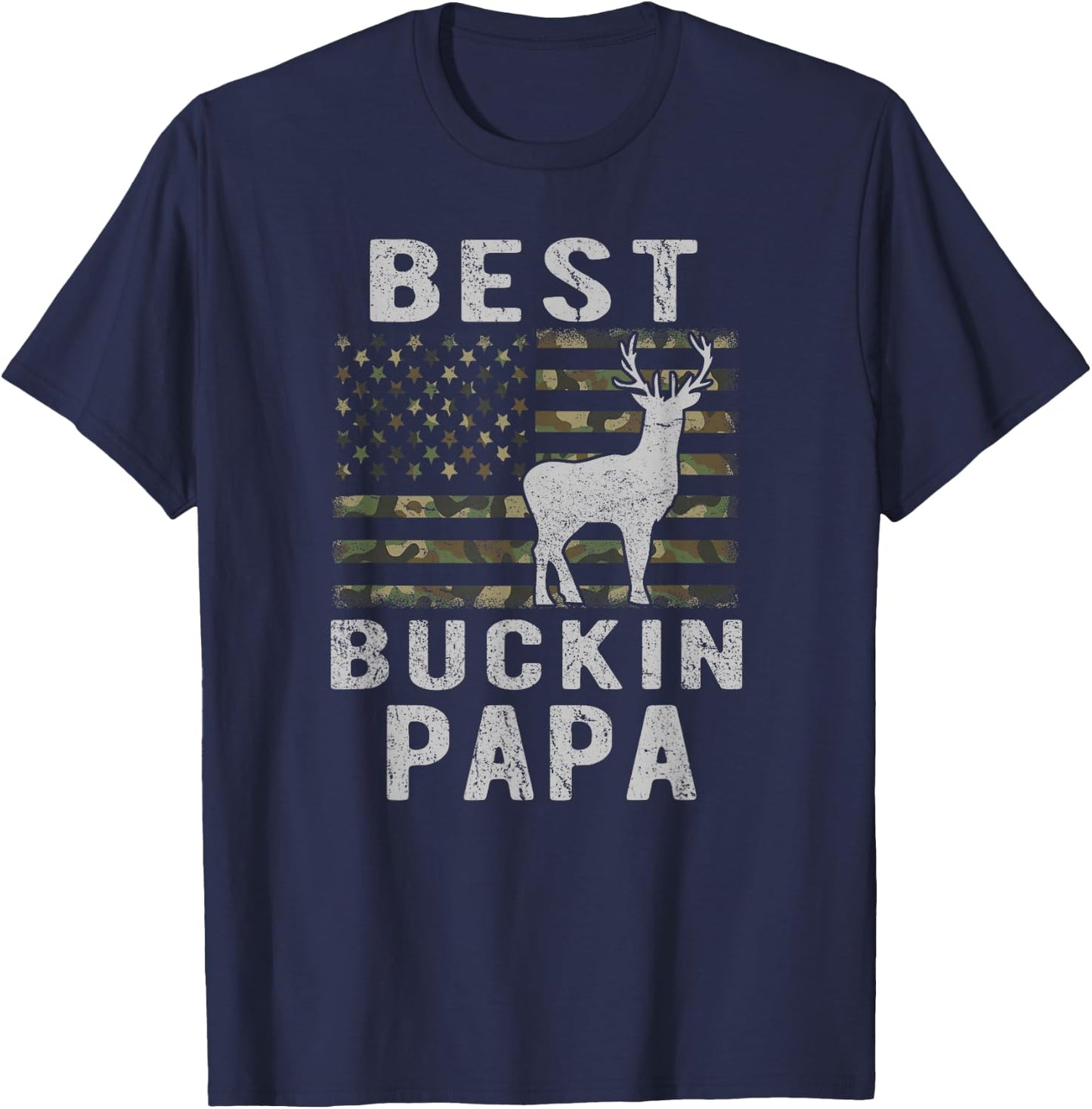 Best Bucking Papa Camouflage American Flag Deer Hunting T-Shirt - T-Shirt | Navy