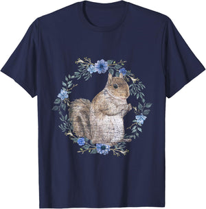 Flower Circle Animal Squirrel T-Shirt - T-Shirt | Navy