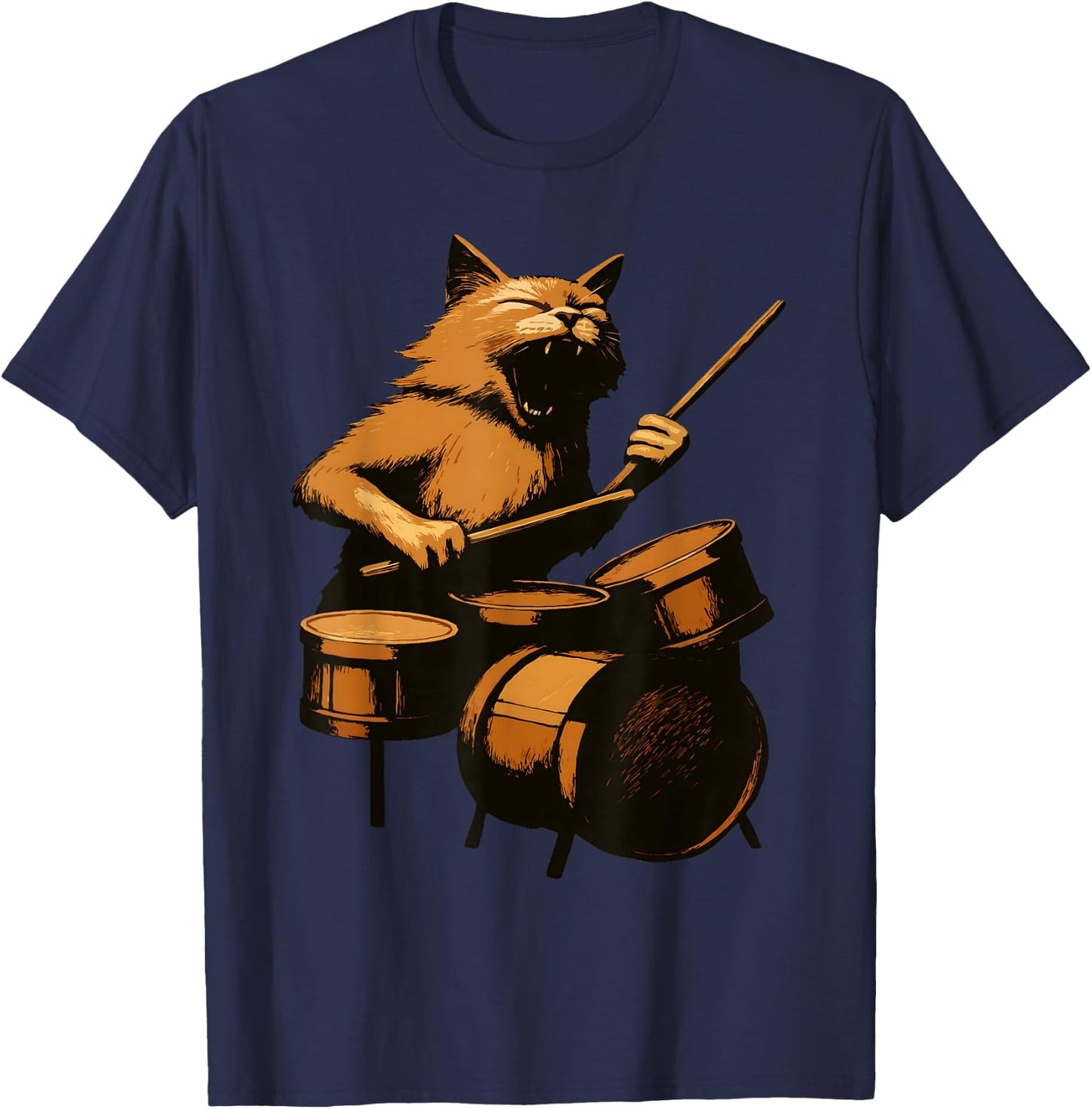 Funny Cat Playing Drums Drumming Drummer Music Player Band T-Shirt - T-Shirt | Navy