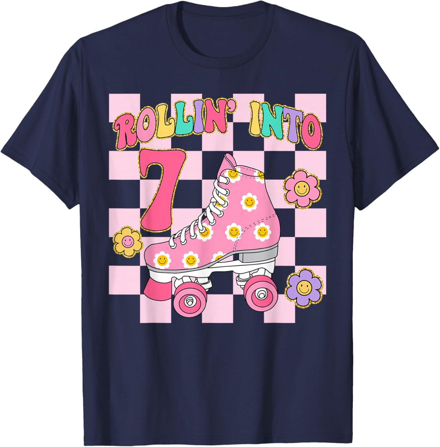 Rolling Into 7 Years Old Girl 7th Birthday Roller Skater T-Shirt - T-Shirt | Navy
