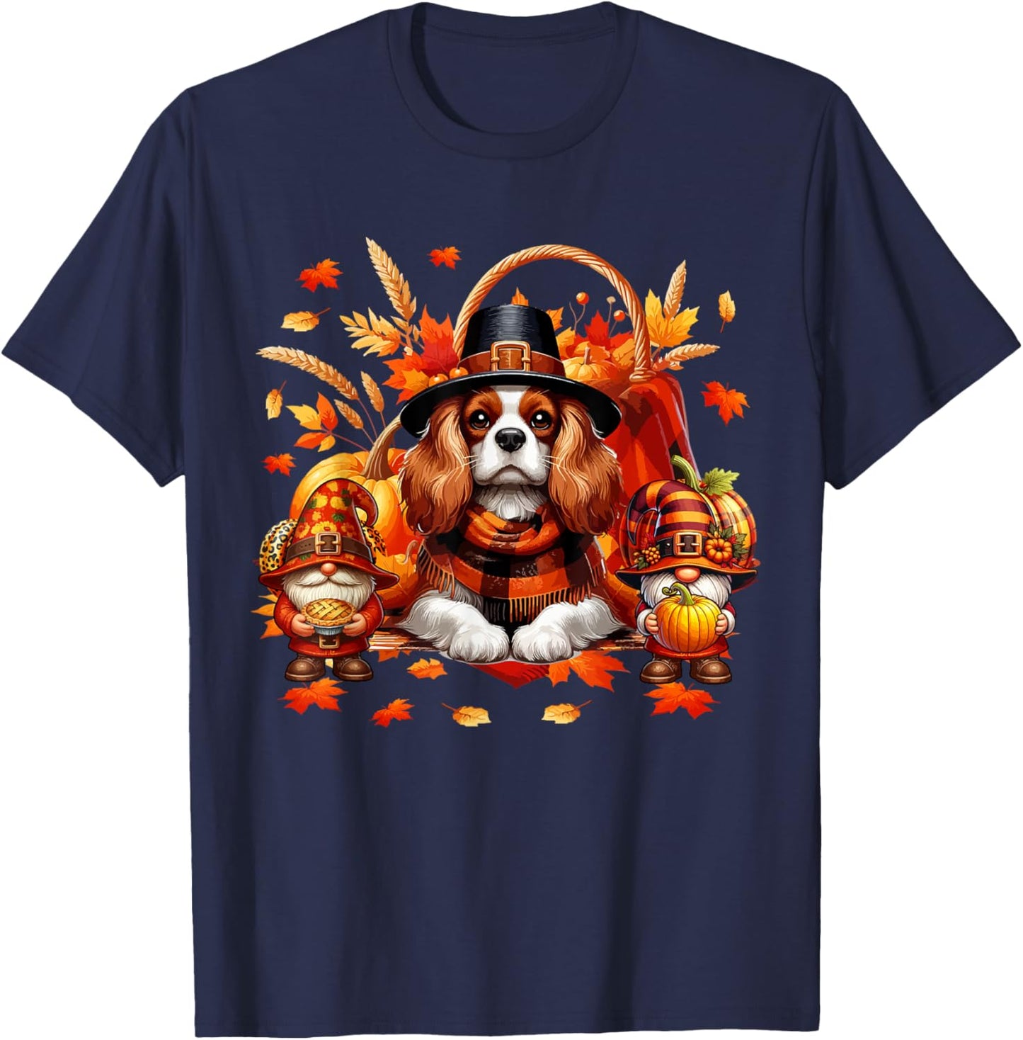 Thanksgiving Cavalier King Charles Spaniel With Gnomes Fall T-Shirt - T-Shirt | Navy