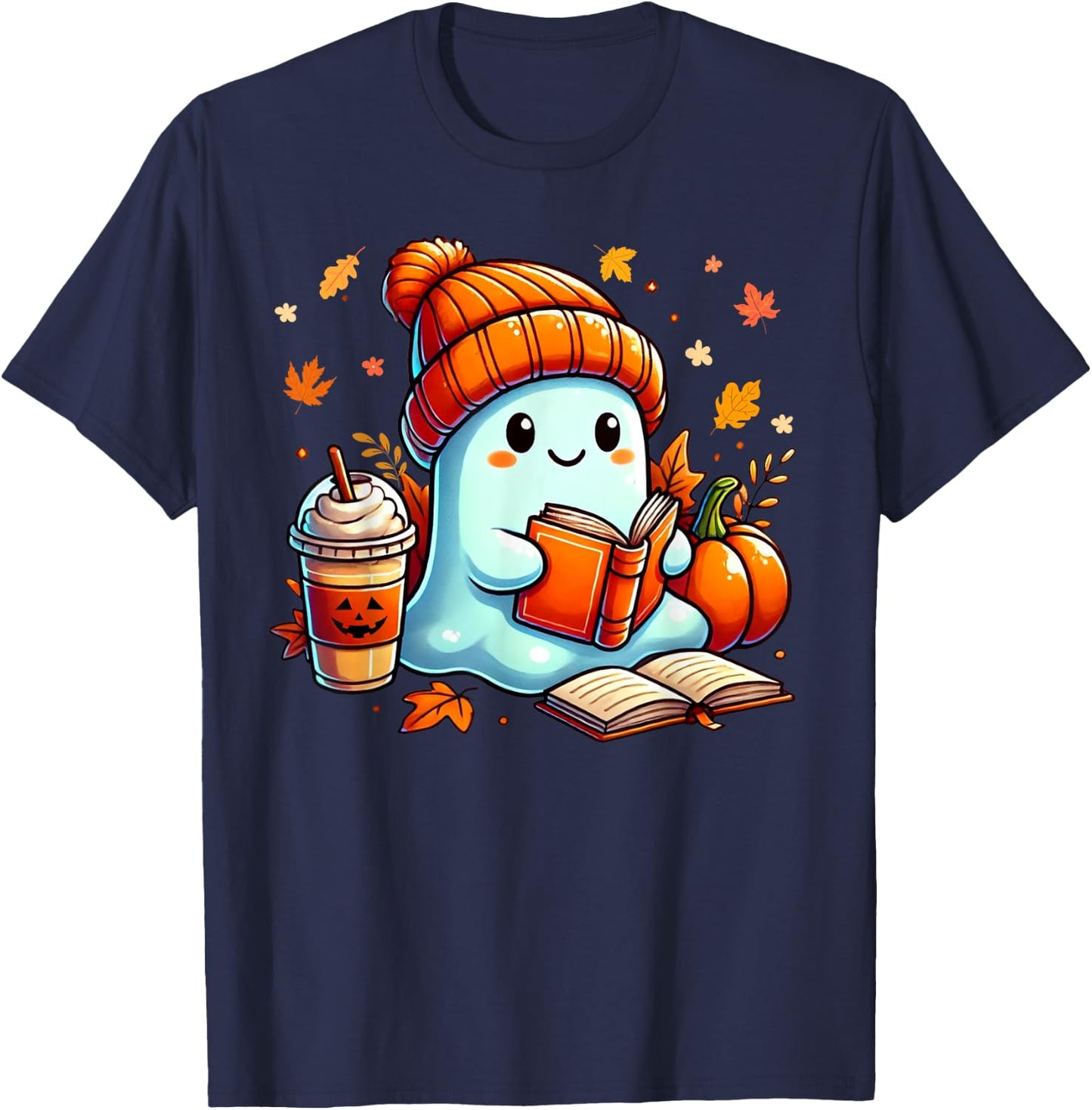 Cute Ghost Reading Book Lovers Halloween Coffee and Book T-Shirt - T-Shirt | Navy