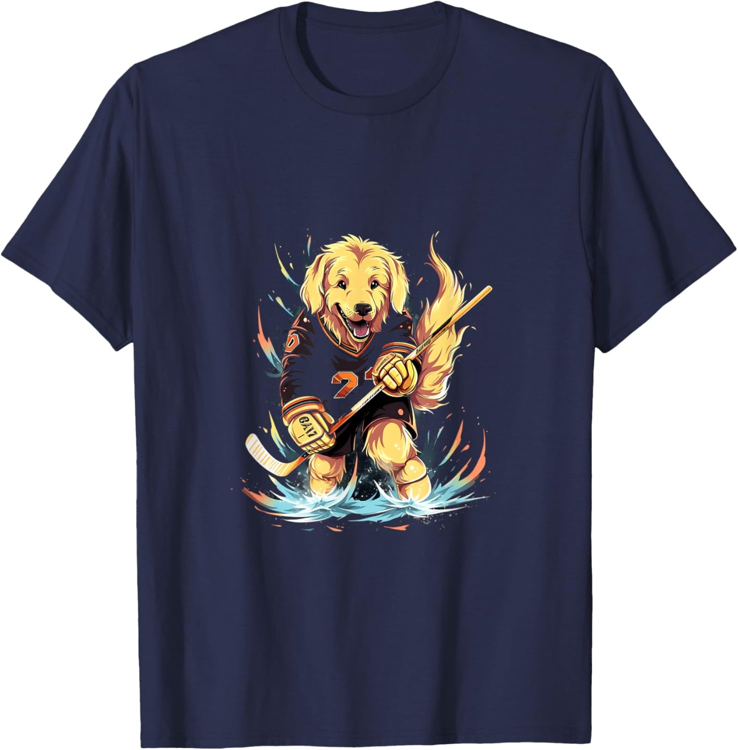 Hockey Golden Retriever ice hockey player Hockey stick T-Shirt - T-Shirt | Navy