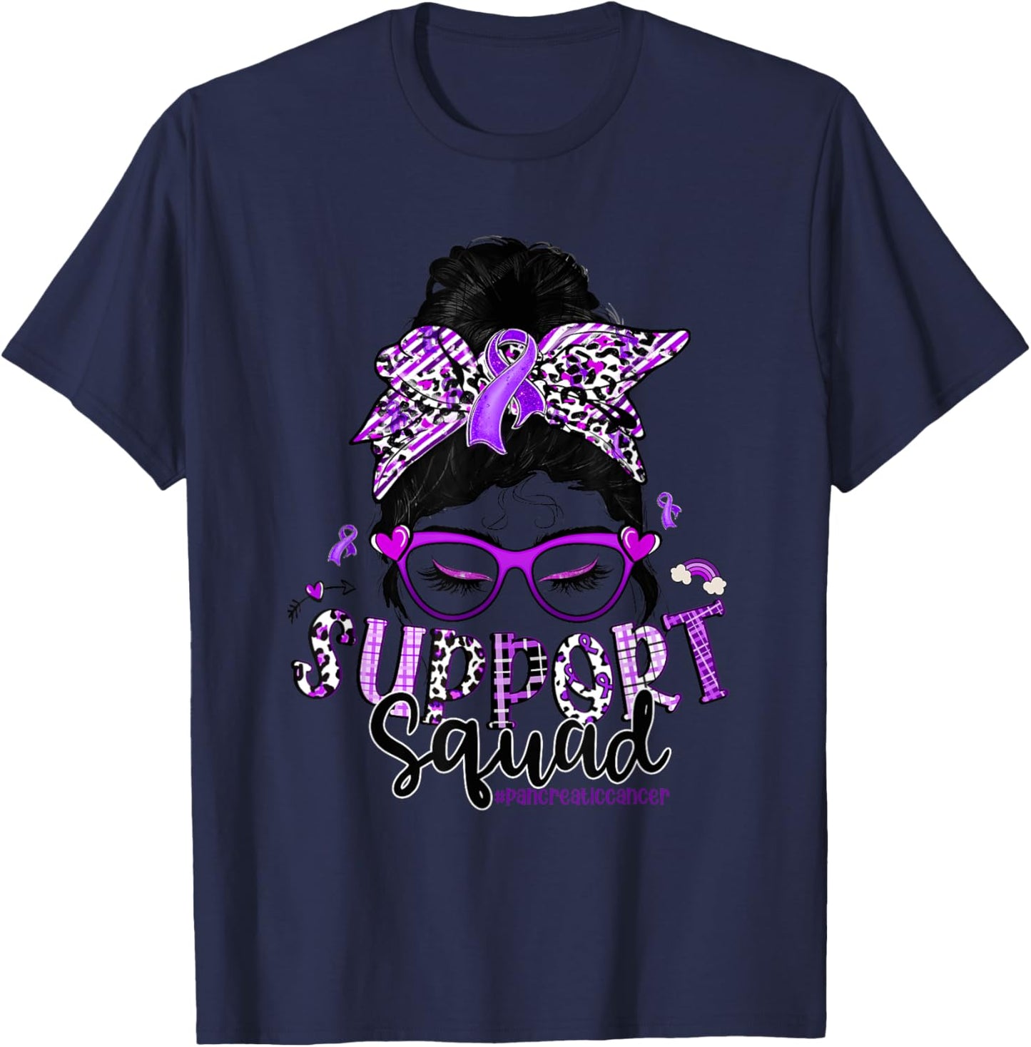 Leopard Messy Bun Support Squad Pancreatic Cancer T-Shirt - T-Shirt | Navy