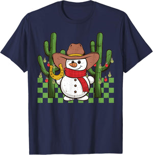 Groovy Cowboy Snowman Western Christmas Cactus Apparel T-Shirt - T-Shirt | Navy