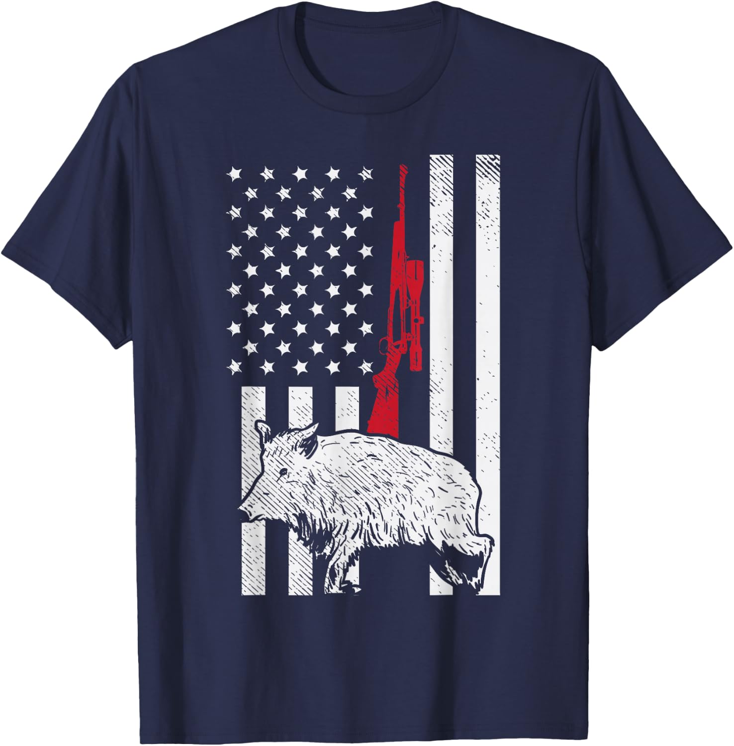 American Flag Rifle Hog Boar Pig Gun Hunting USA Hunter Gift T-Shirt - T-Shirt | Navy
