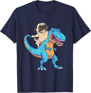 Pug Riding T-Rex Surfing Dinosaur Funny Dog Lover Gifts Women Girls Kids T-Shirt - T-Shirt | Navy