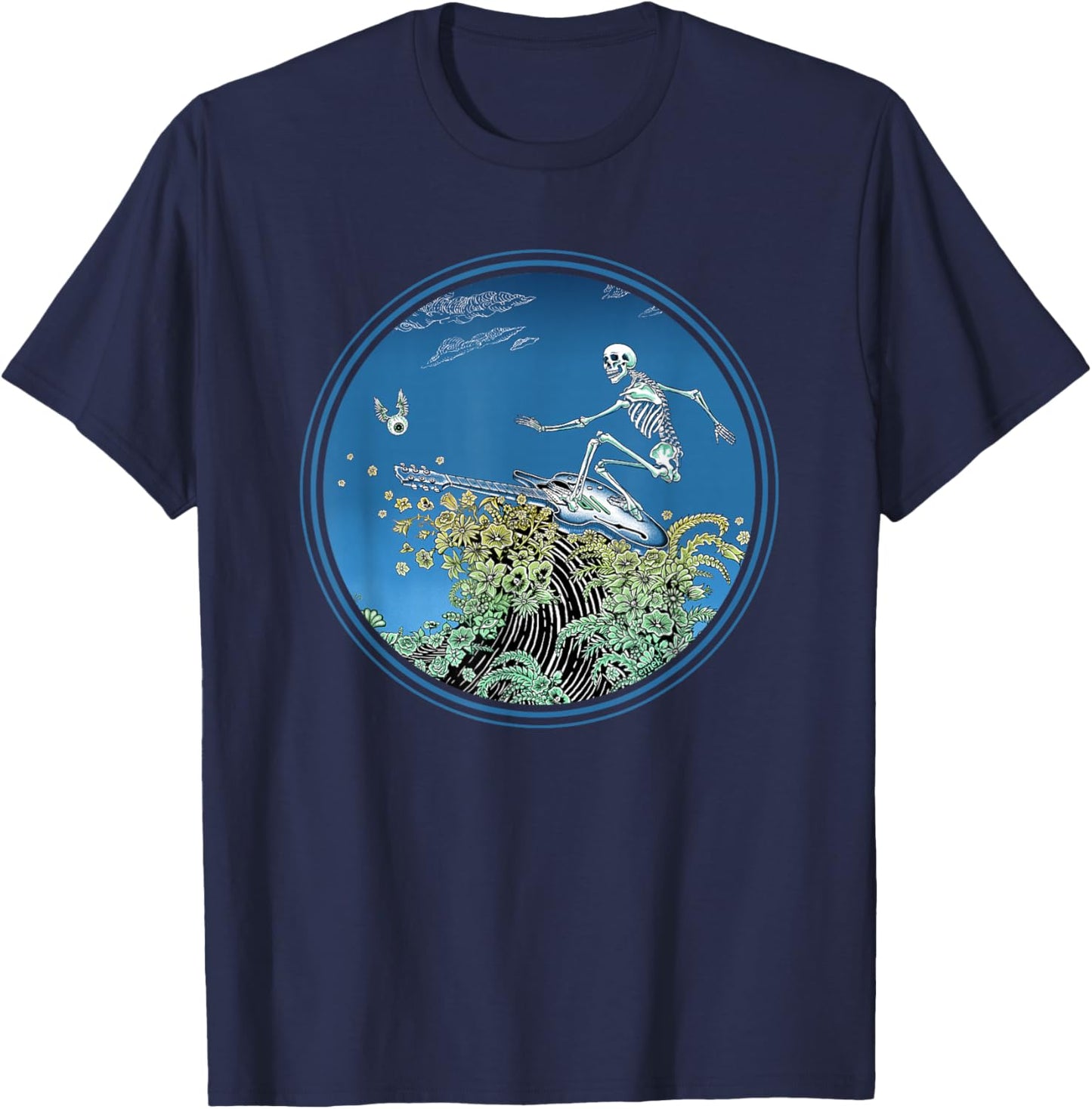 Surfing Skeleton Circle - by Emek Artman T-Shirt - T-Shirt | Navy