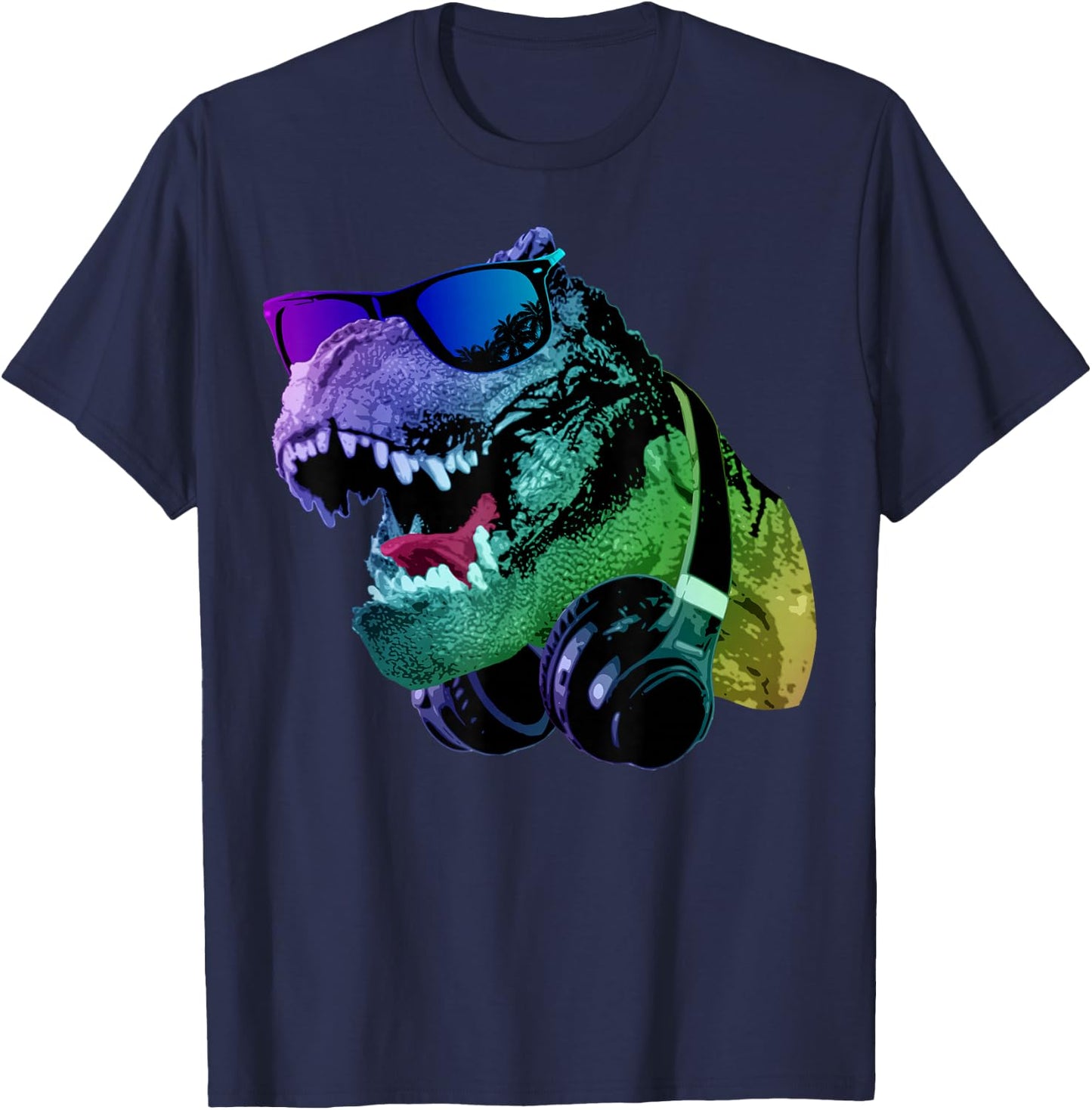 T Rex Tyrannosaurus Dinosaur With Sunglasses And Headphones T-Shirt - T-Shirt | Navy