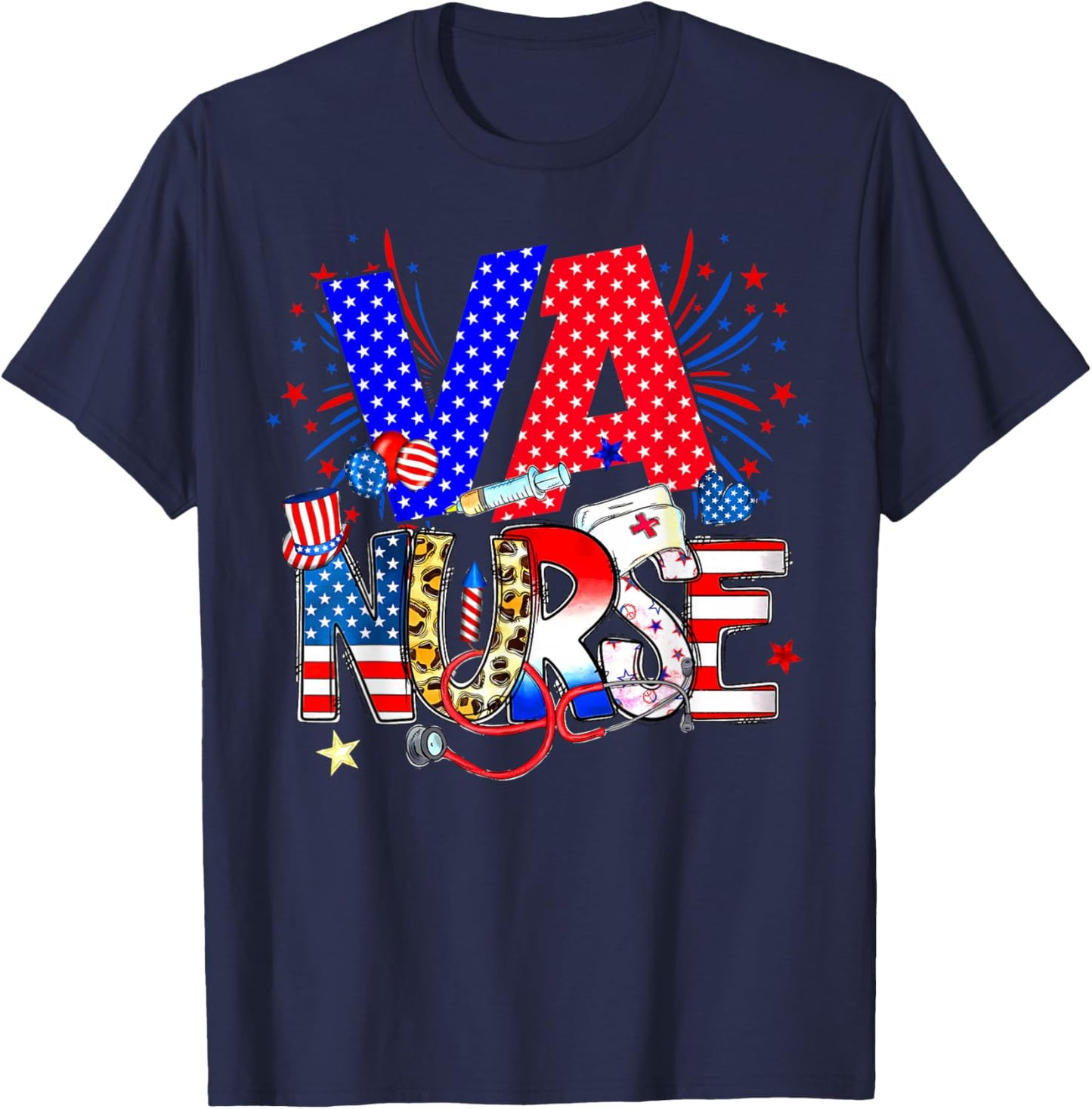 VA Nurse 4th Of July American Flag Stethoscope T-Shirt - T-Shirt | Navy