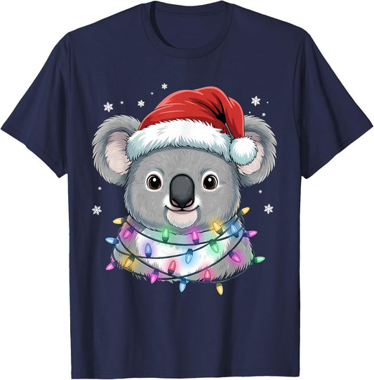 Christmas Lights Koala Santa Hat Cute Xmas Pajamas T-Shirt - T-Shirt | Navy