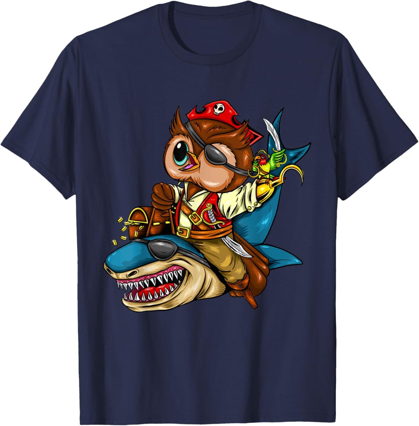 Pirate Owl Riding Shark Halloween T-Shirt - T-Shirt | Navy