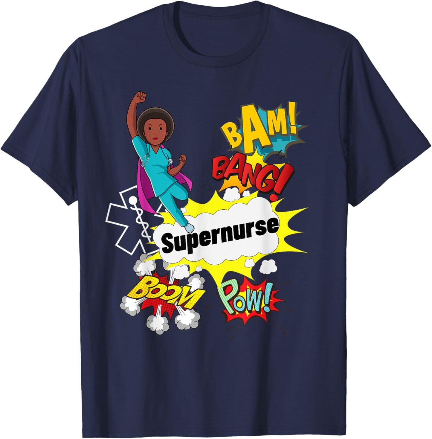 Supernurse Comic Superhero Style RN Black Woman Nursing Gift T-Shirt - T-Shirt | Navy