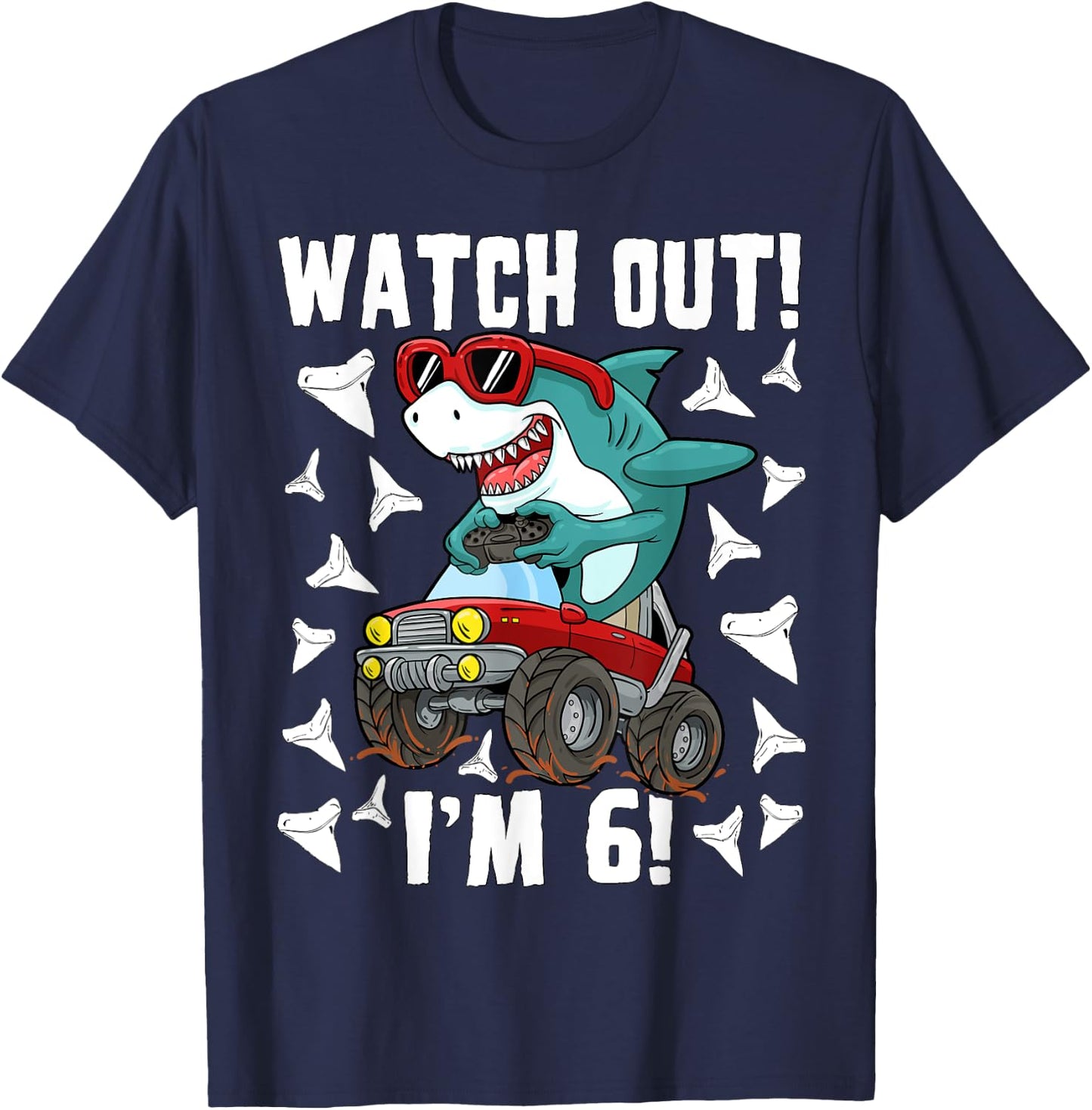 6 Years Old 6th Birthday Shark Boy Girl Monster Truck Gamer T-Shirt - T-Shirt | Navy