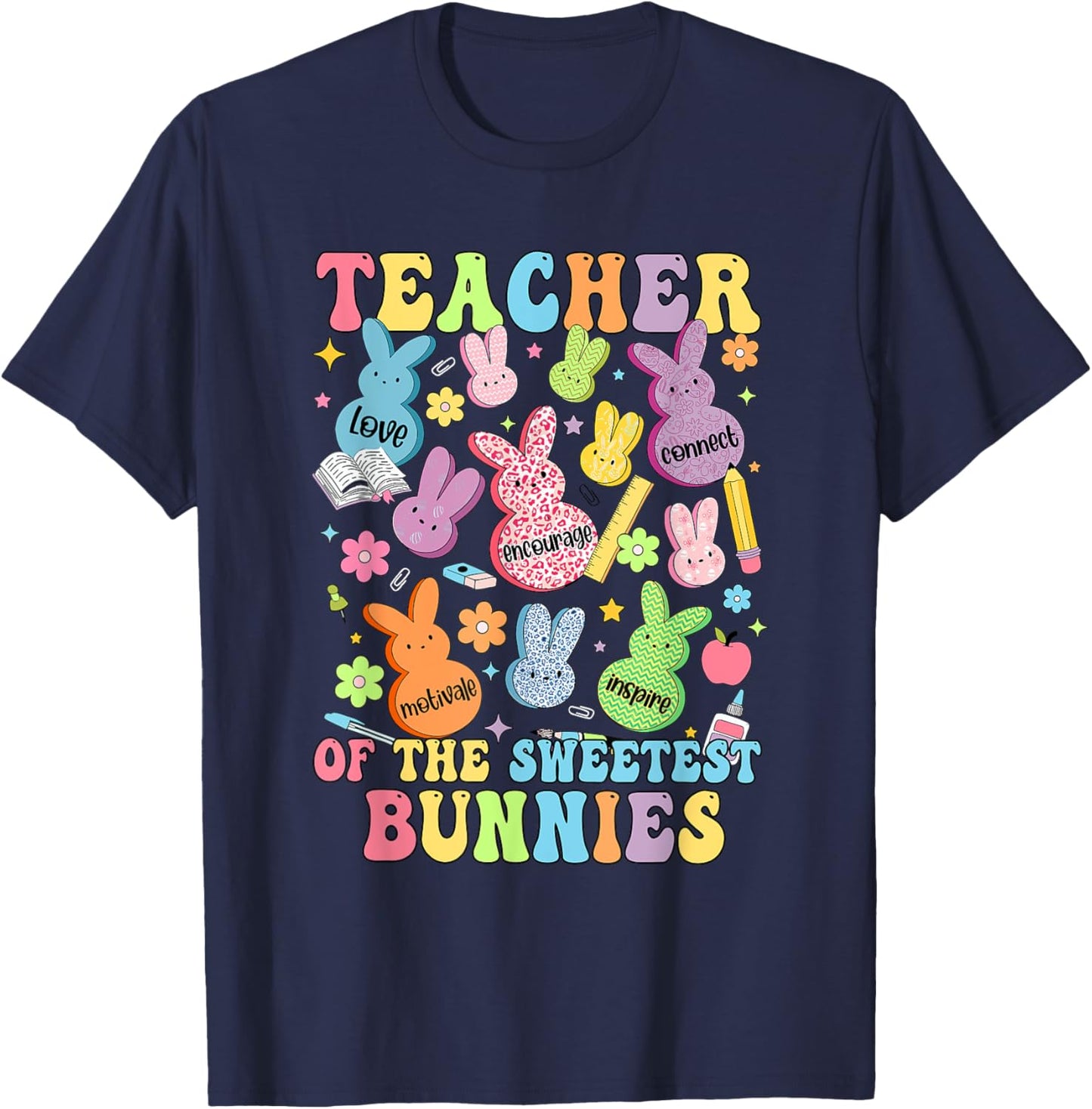 Teacher Of The Sweetest Bunnies Teacher Happy Easter Day T-Shirt - T-Shirt | Navy