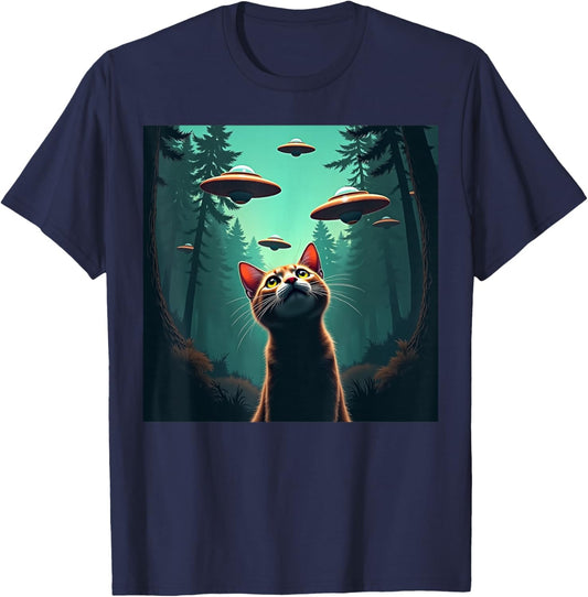 Cute Cat Selfie With UFO Invasion Alien Spaceship T-Shirt - T-Shirt | Navy