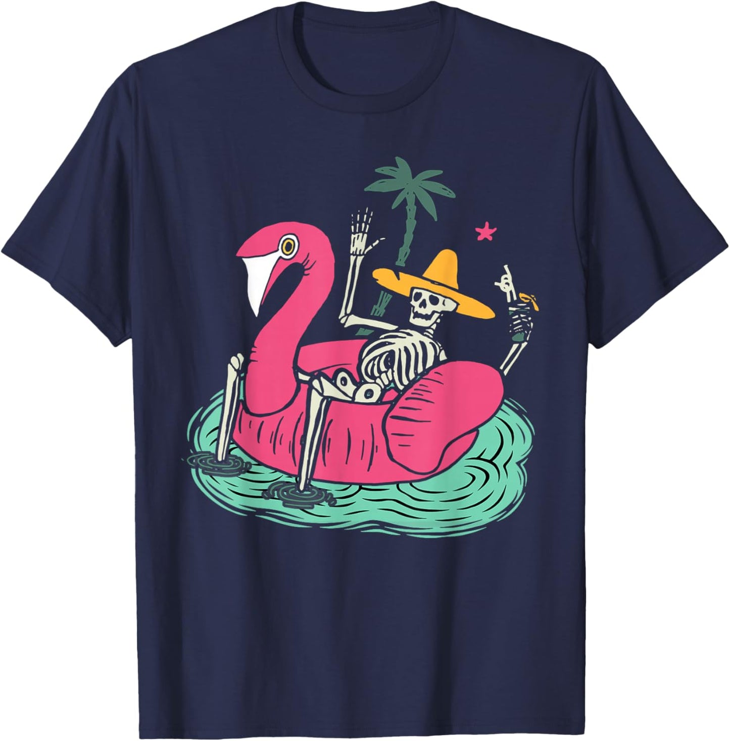 Skeleton Flamingo Float Vacation Beach Drink Retro Halloween Men Women T-Shirt - T-Shirt | Navy