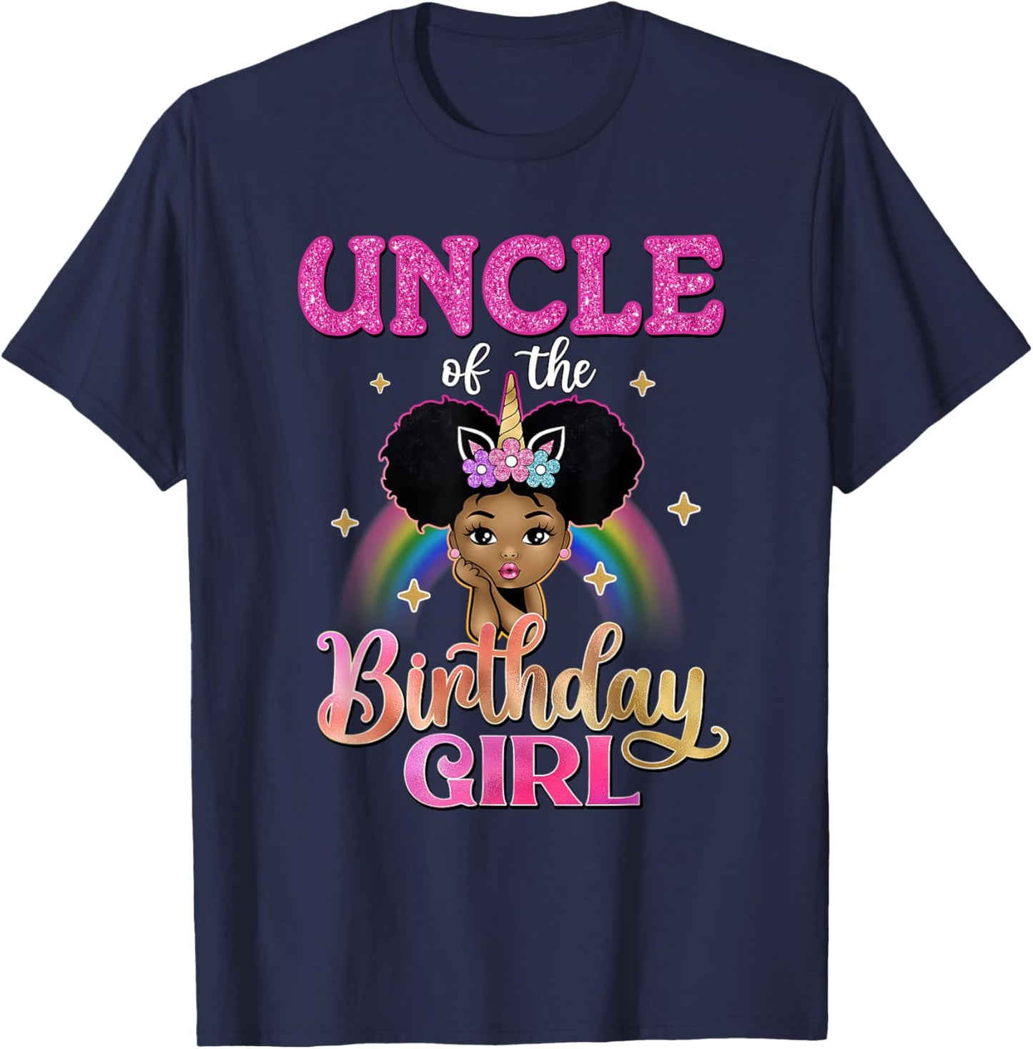 Uncle of The Birthday Girl Princess Afro Melanin Unicorn T-Shirt - T-Shirt | Navy
